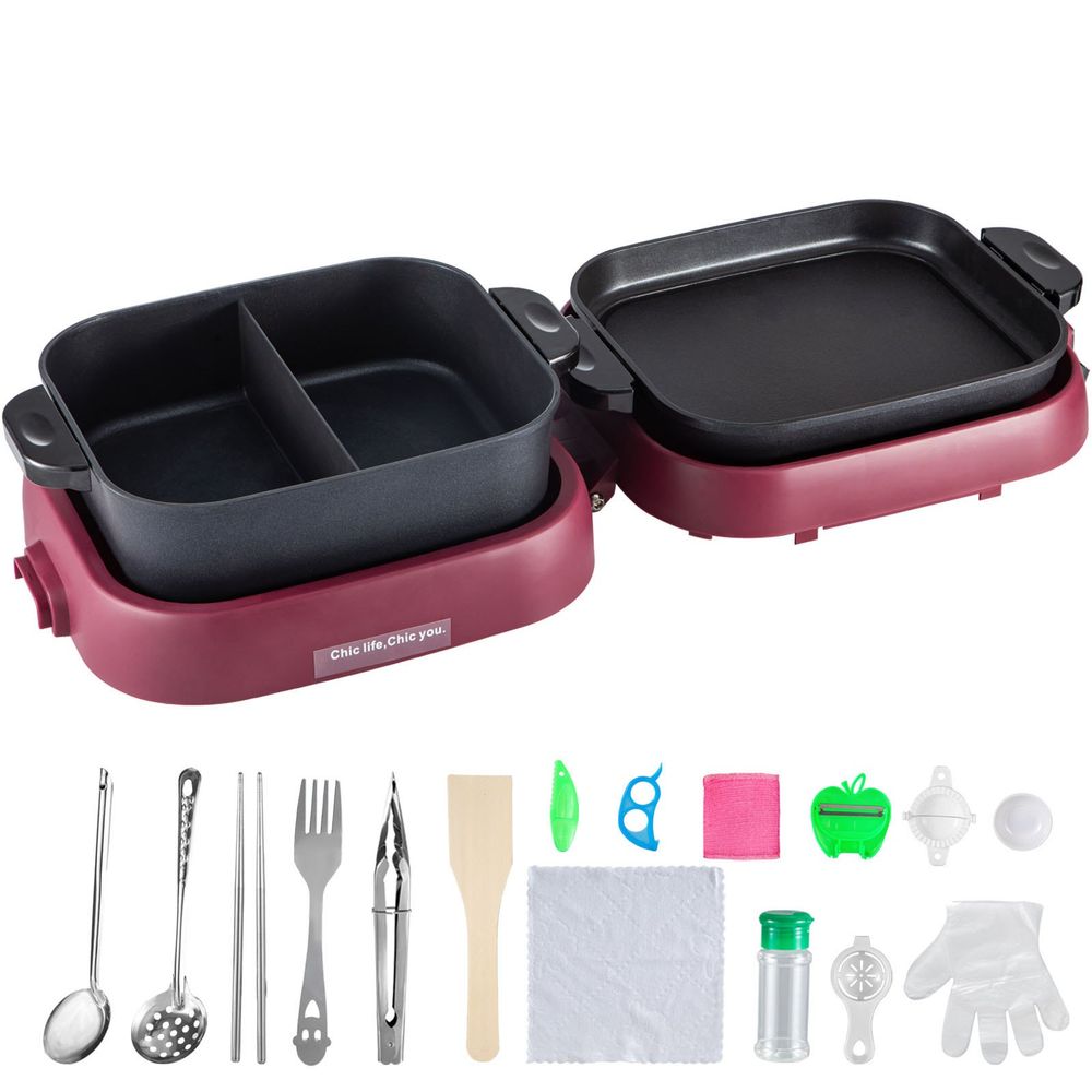 2 in 1 Electric BBQ Pan Grill Hot Pot Foldable Hot Pot BBQ Grill 2100W