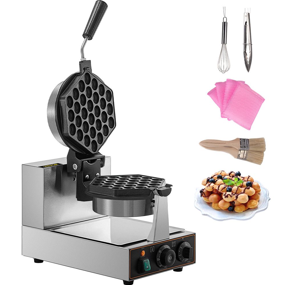 Commercial Bubble Waffle Maker, Hexagonal Mould, 1200W Egg Bubble Puff Iron w/ 360°Rotatable 2 Pans & Bent Handles, Stainless Steel Baker w/ Non-Stick Teflon Coating, 122-572°F Adjustable