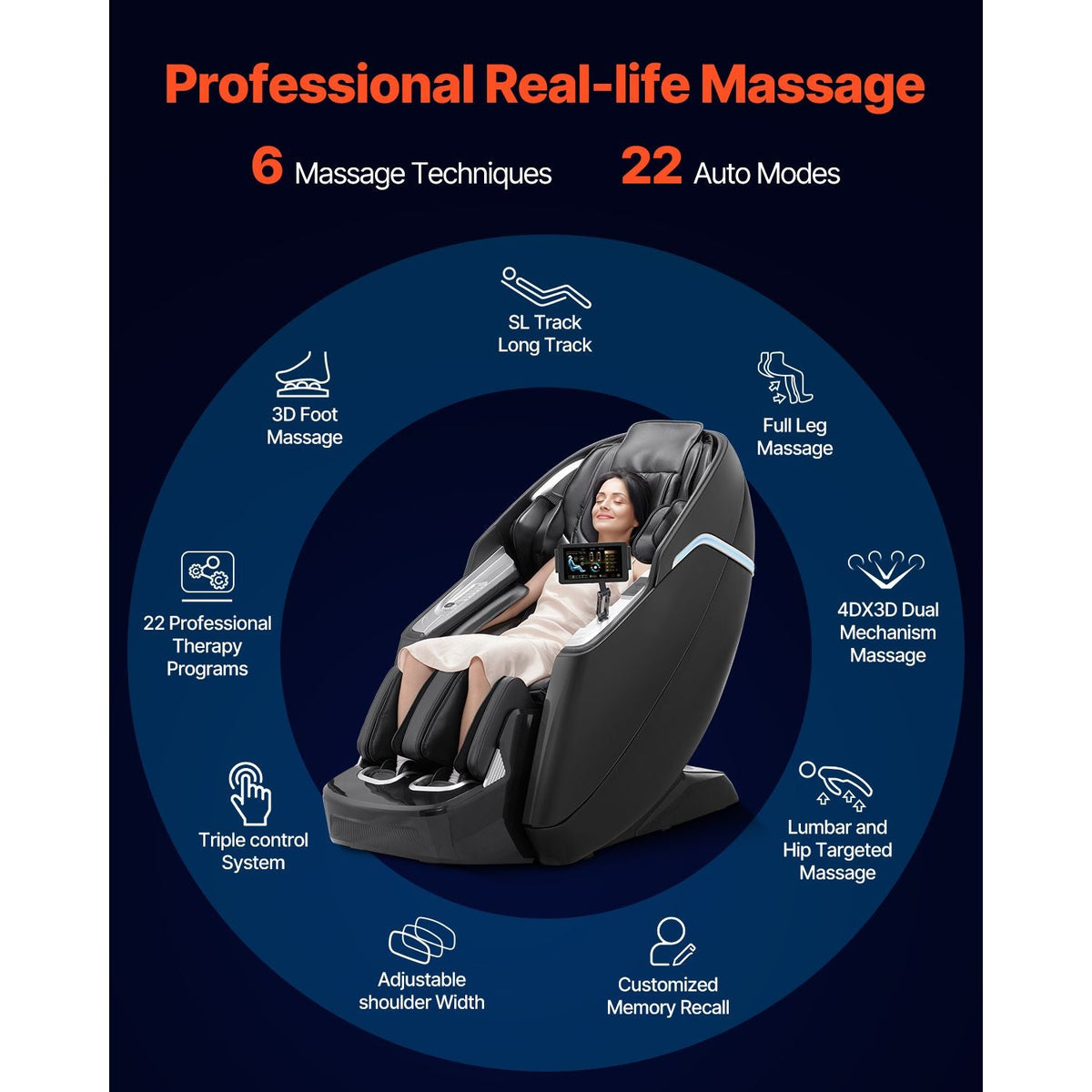 Dual-Core 4D+3D Full Body Massage Chair, with Extended SL Track, Deep Yoga Stretch, Electric Extendable Footrest, TFT, AI Voice Control, Heat, Airbags, Armrest Controls, Wheels