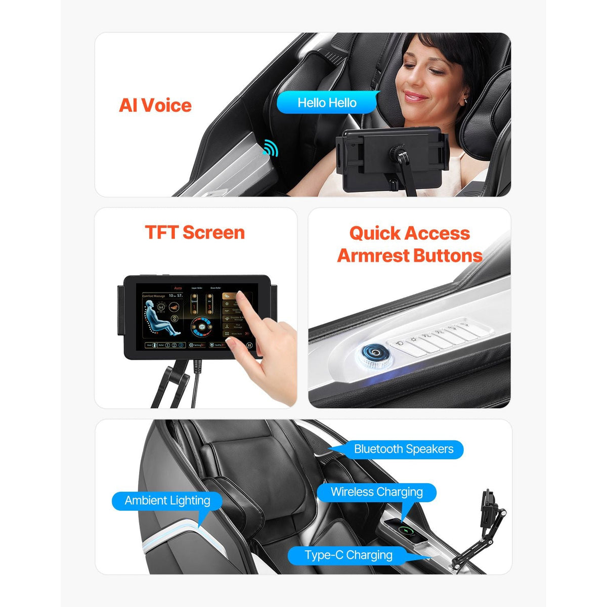 Dual-Core 4D+3D Full Body Massage Chair, with Extended SL Track, Deep Yoga Stretch, Electric Extendable Footrest, TFT, AI Voice Control, Heat, Airbags, Armrest Controls, Wheels