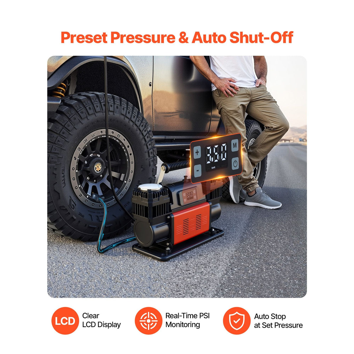 Dual-Cylinder Heavy Duty Air Compressor, 10.6CFM Auto-Stop Portable Tire Inflator, 12V 150PSI Offroad Air Pump with LCD Digital Display & Adapters for Truck Car SUV 4 x 4 Vehicle RV