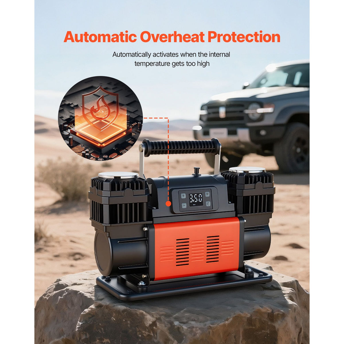 Dual-Cylinder Heavy Duty Air Compressor, 10.6CFM Auto-Stop Portable Tire Inflator, 12V 150PSI Offroad Air Pump with LCD Digital Display & Adapters for Truck Car SUV 4 x 4 Vehicle RV