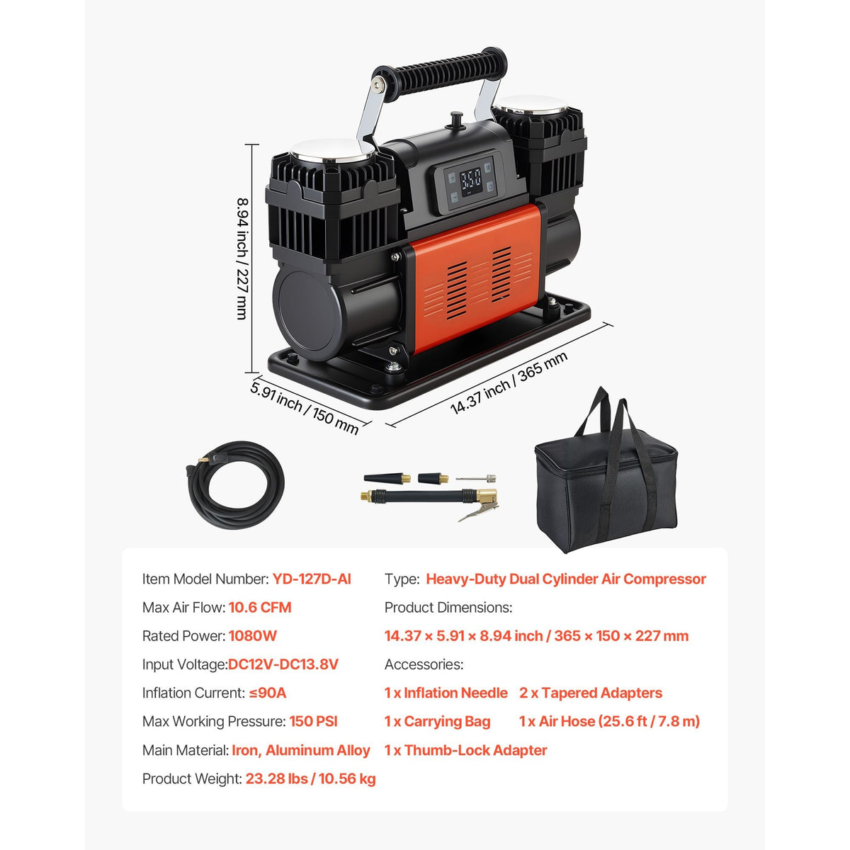 Dual-Cylinder Heavy Duty Air Compressor, 10.6CFM Auto-Stop Portable Tire Inflator, 12V 150PSI Offroad Air Pump with LCD Digital Display & Adapters for Truck Car SUV 4 x 4 Vehicle RV
