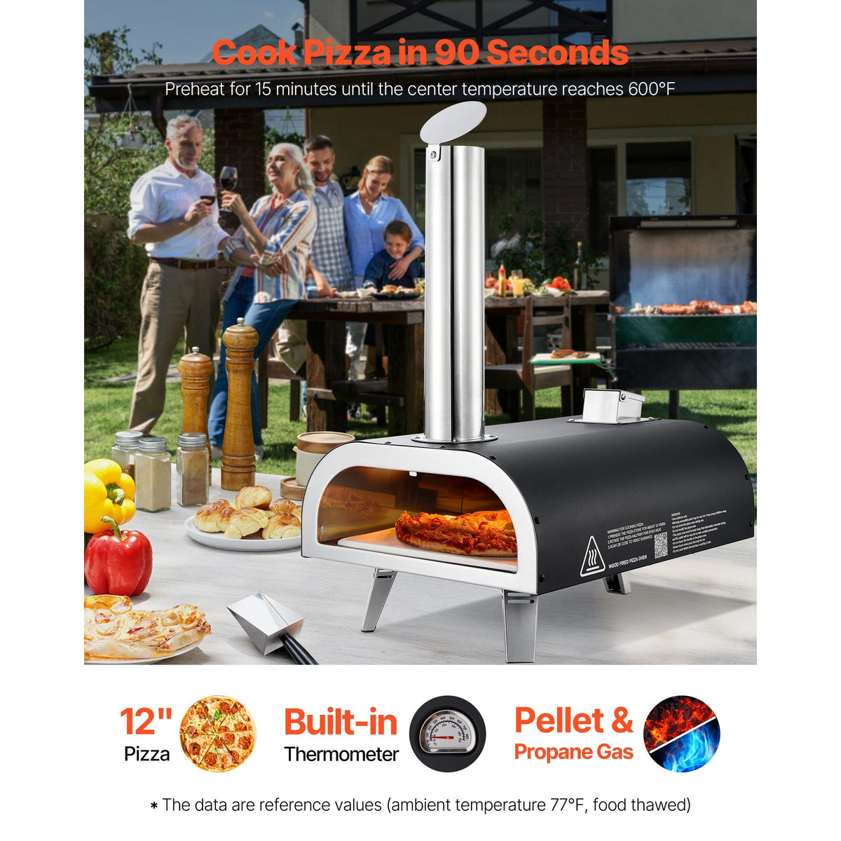 Dual Fuel Pizza Oven Outdoor, 12 in Wood Fire & Propane Gas Pizza Oven, Portable Pellet & Propane Pizza-Maker with Thermometer, Iron Spray Black Shell Pizza-Cook for Outside Camping & Backyard