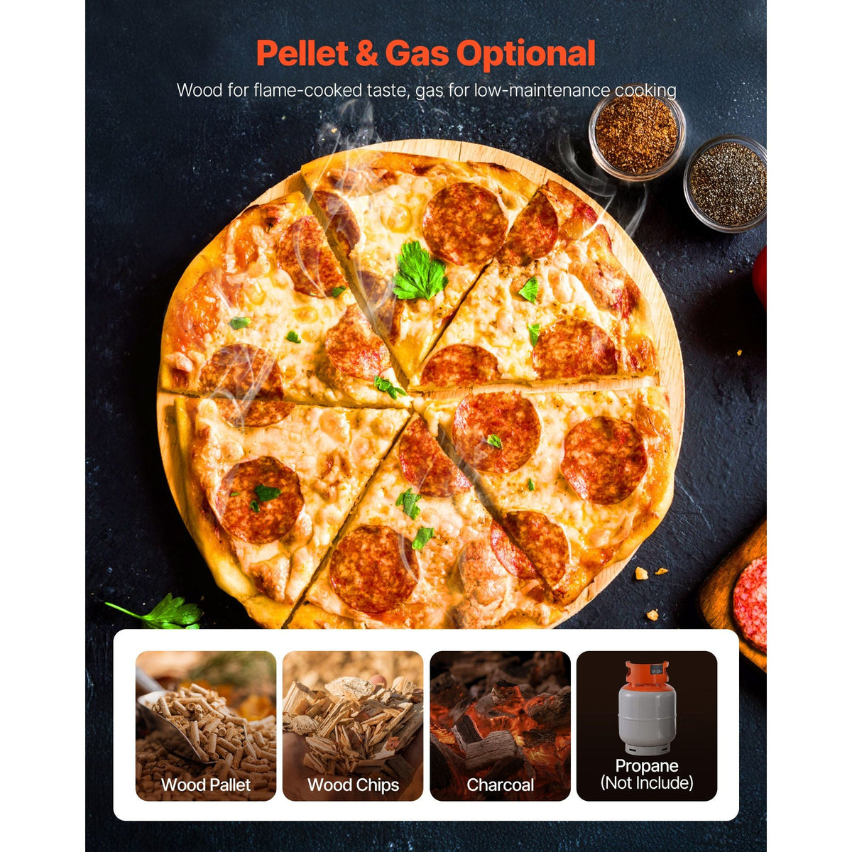 Dual Fuel Pizza Oven Outdoor, 12 in Wood Fire & Propane Gas Pizza Oven, Portable Pellet & Propane Pizza-Maker with Thermometer, Iron Spray Black Shell Pizza-Cook for Outside Camping & Backyard