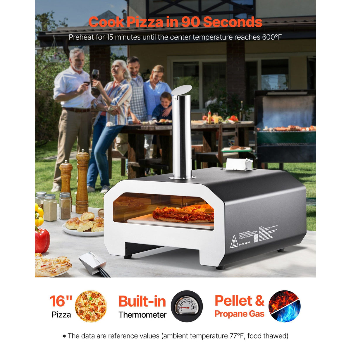Dual Fuel Pizza Oven Outdoor, 16 in Wood Fire & Propane Gas Pizza Oven, Portable Pellet & Propane Pizza-Maker with Thermometer, Iron Spray Black Shell Pizza-Cook for Outside Camping & Backyard