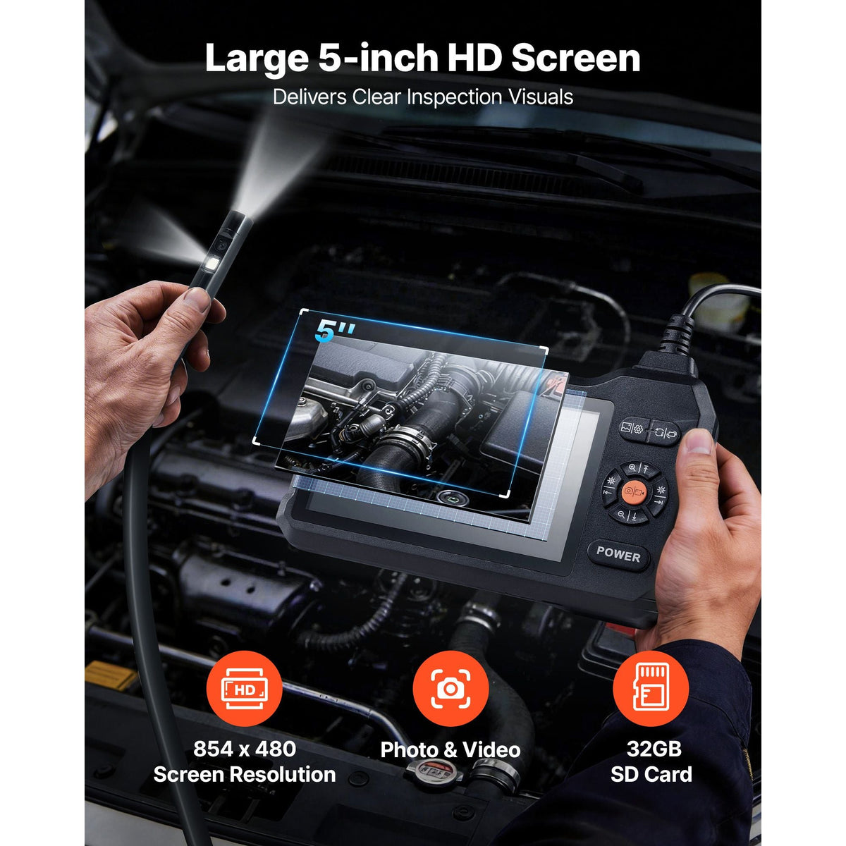 Dual Lens Endoscope with Light, 5" HD IPS Screen Industrial Borescope Camera, 0.22-inch Slim Lens, 8X Zoom, IP67 Waterproof Inspection Snake Camera for Automotive, Plumbing (16.4FT Rigid Cable)