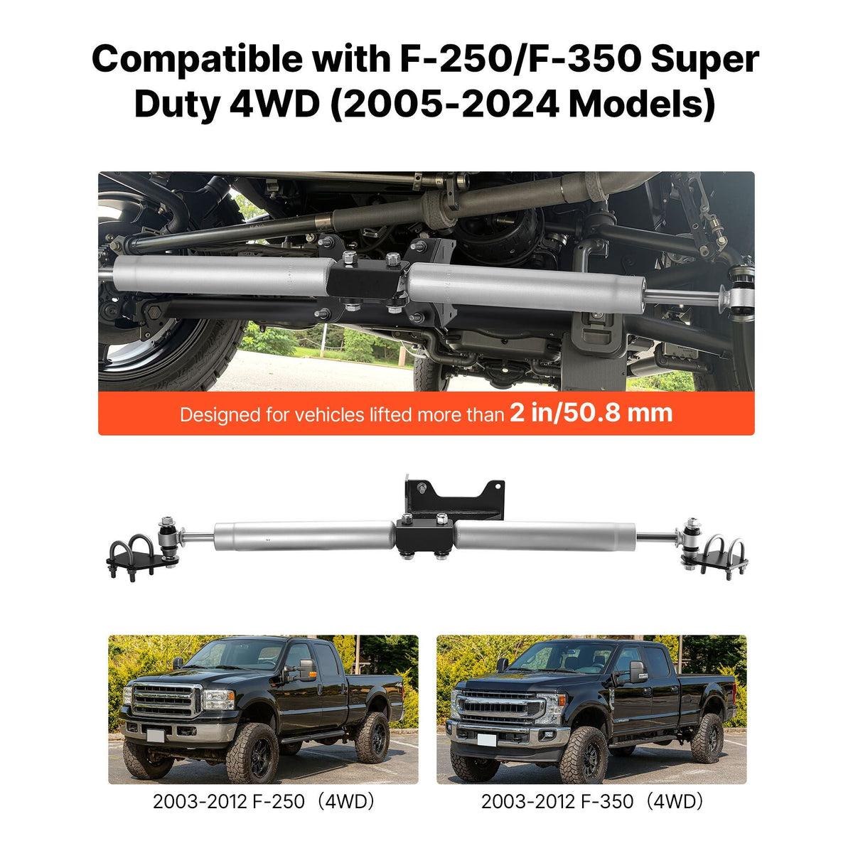 Dual Steering Stabilizer, for 2005-2024 Ford F-250/F-350 Super Duty 4WD, Dual Steering Stabilizer Kit Fits with 2 Inches of Suspension Lift or Higher, Enhanced Control and Reduced Vibration