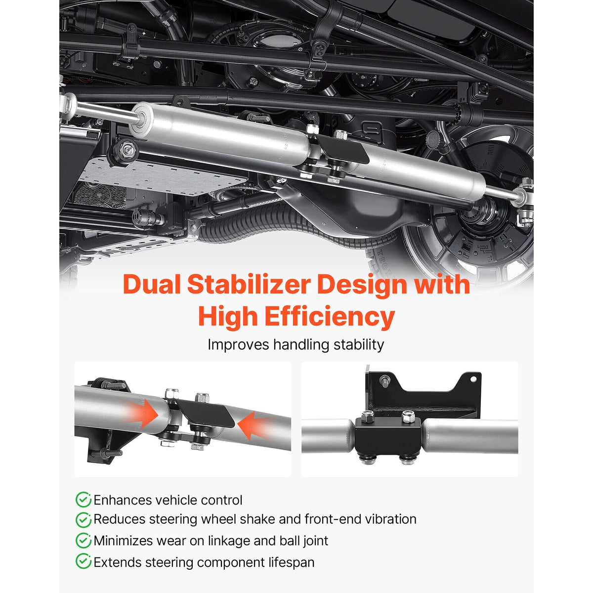 Dual Steering Stabilizer, for 2005-2024 Ford F-250/F-350 Super Duty 4WD, Dual Steering Stabilizer Kit Fits with 2 Inches of Suspension Lift or Higher, Enhanced Control and Reduced Vibration