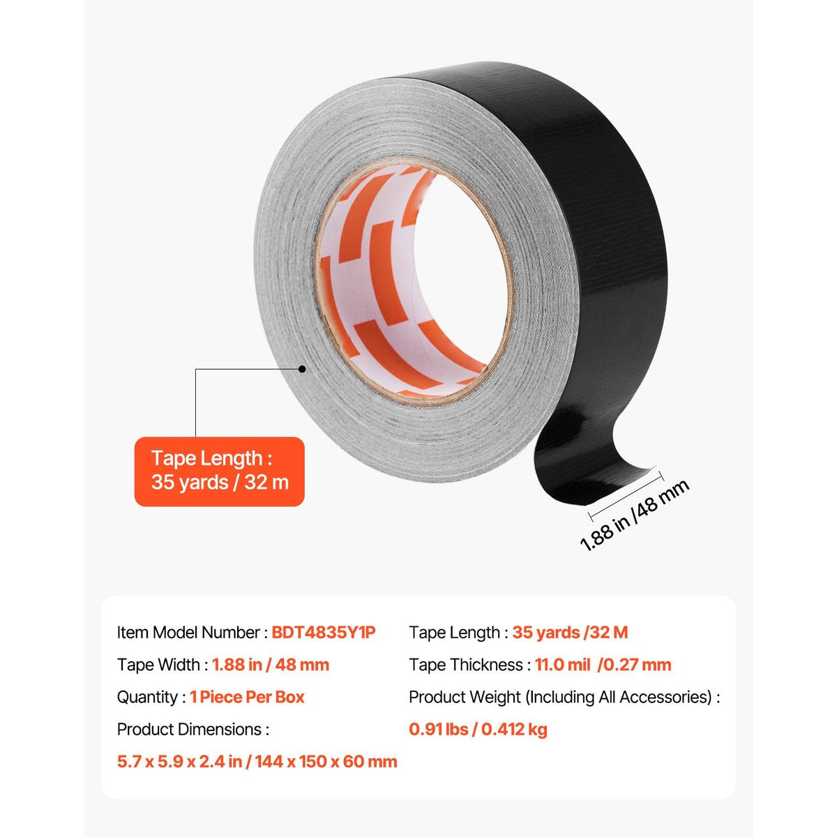 Duct Tape, 1.88 in x 35 Yards, 1-Pack, Waterproof and Temperature-Resistant, No Residue Strong Adhesive Heavy Duty Duct Tape, Tear by Hand, for Indoor and Outdoor Repairs, All Weather, Black