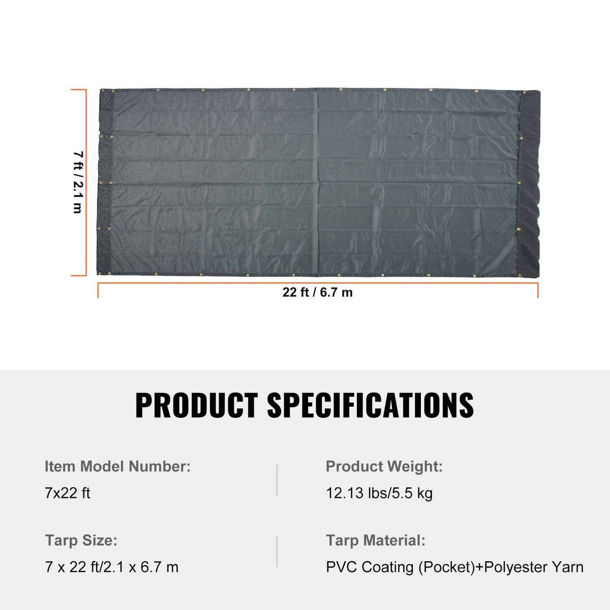 Dump Truck Mesh Tarp, 7 x 22 ft, PVC Coated Black Heavy Duty Cover with 5.5" 18oz Double Pocket, Brass Grommets, Reinforced Double Needle Stitch Webbing Fits Manual or Electric Dump Truck System