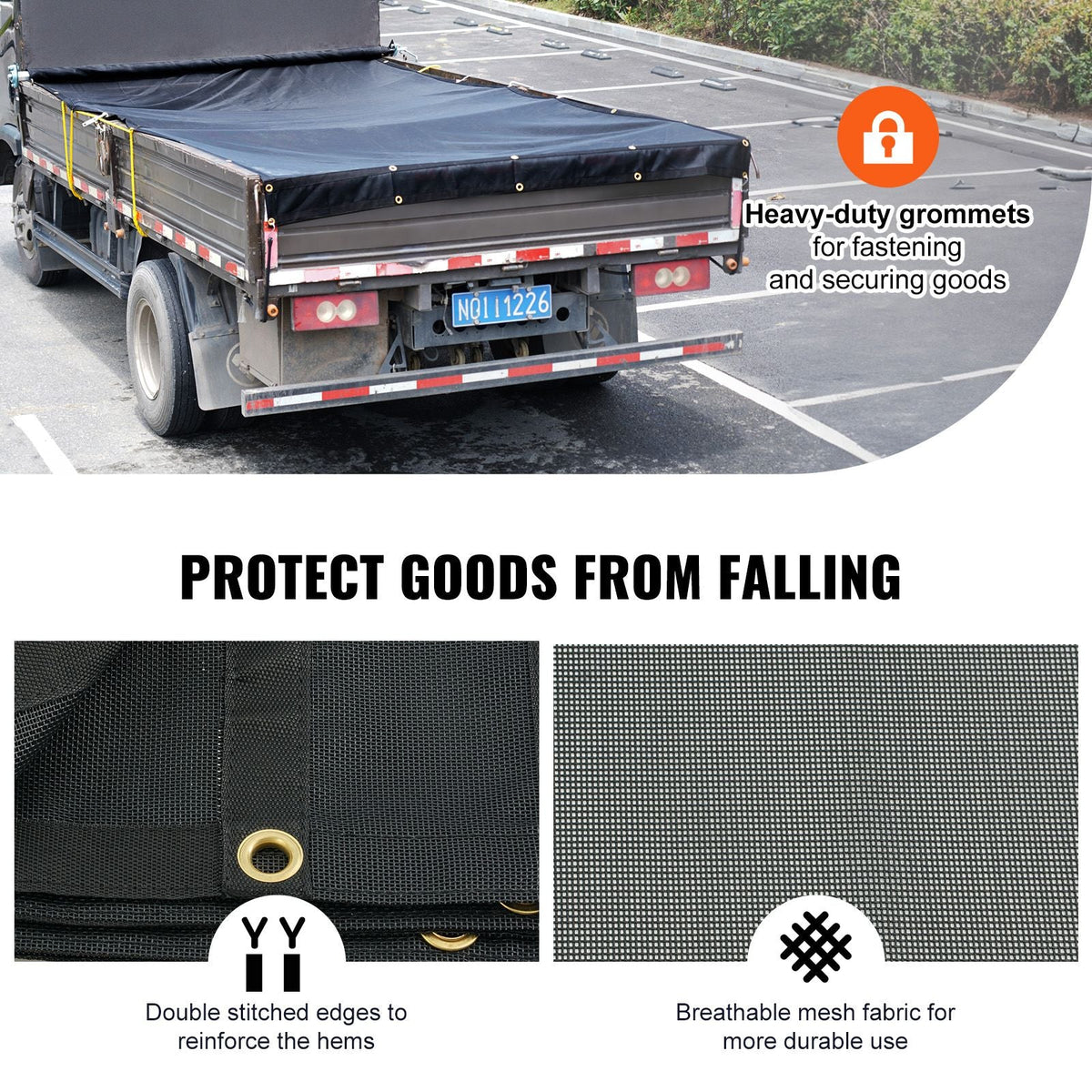 Dump Truck Mesh Tarp, 7 x 22 ft, PVC Coated Black Heavy Duty Cover with 5.5" 18oz Double Pocket, Brass Grommets, Reinforced Double Needle Stitch Webbing Fits Manual or Electric Dump Truck System