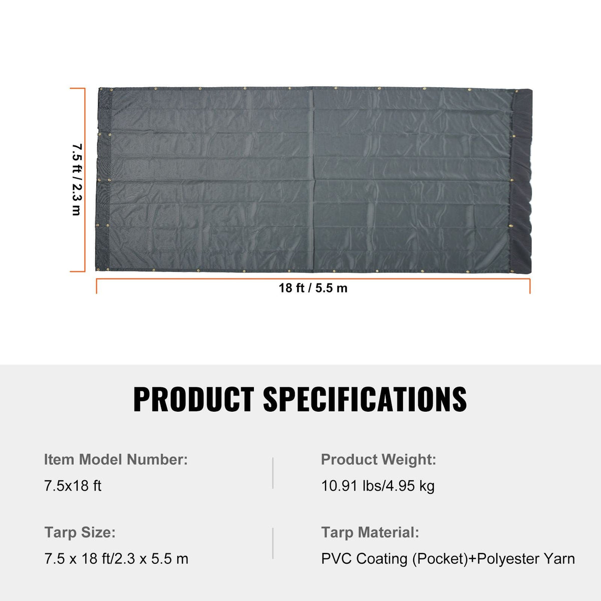 Dump Truck Mesh Tarp, 7.5x18 ft, PVC Coated Black Heavy Duty Cover with 5.5" 18oz Double Pocket, Brass Grommets, Reinforced Double Needle Stitch Webbing Fits Manual or Electric Dump Truck System