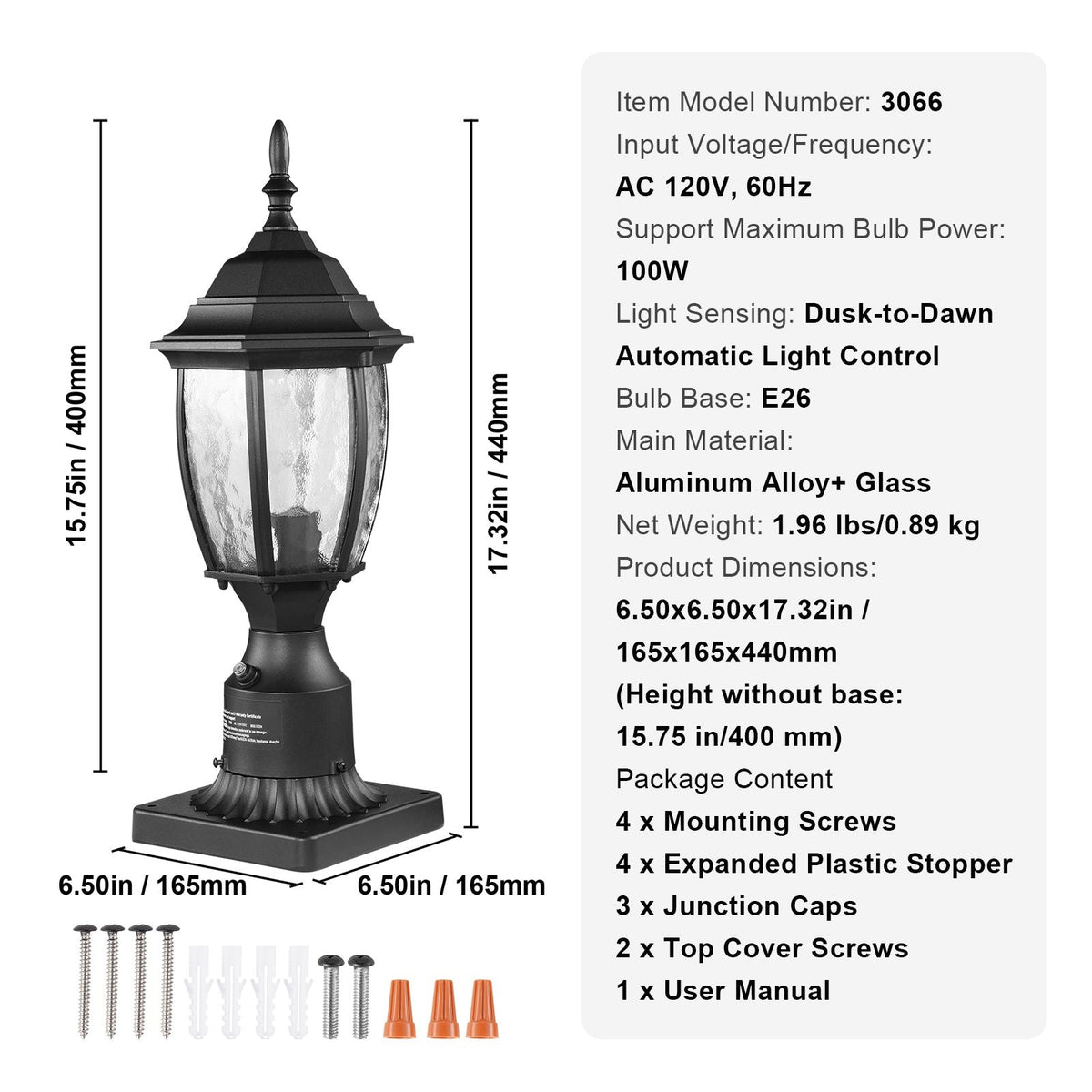 Dusk to Dawn Outdoor Post Light, 15.75 in Height, Waterproof Lamp Post Light Fixture with 5.5 in Pier Mount Base Glass Shade, Lightning-proof Exterior Pole Column Light for Patio Garden Pathway