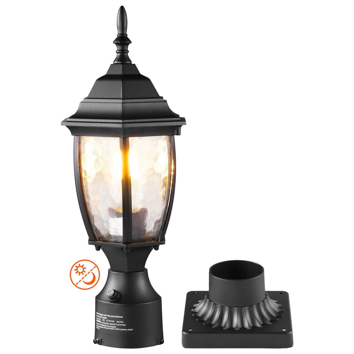 Dusk to Dawn Outdoor Post Light, 15.75 in Height, Waterproof Lamp Post Light Fixture with 5.5 in Pier Mount Base Glass Shade, Lightning-proof Exterior Pole Column Light for Patio Garden Pathway