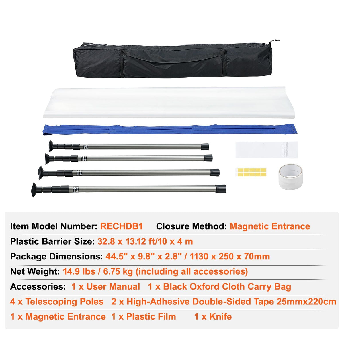 Dust Barrier Poles, 10 Ft Barrier Poles, Dust Barrier System with 4 Telescoping Poles, Carry Bag and 32.8x13.12 Ft Plastic Film, for Interior Decoration, Painting
