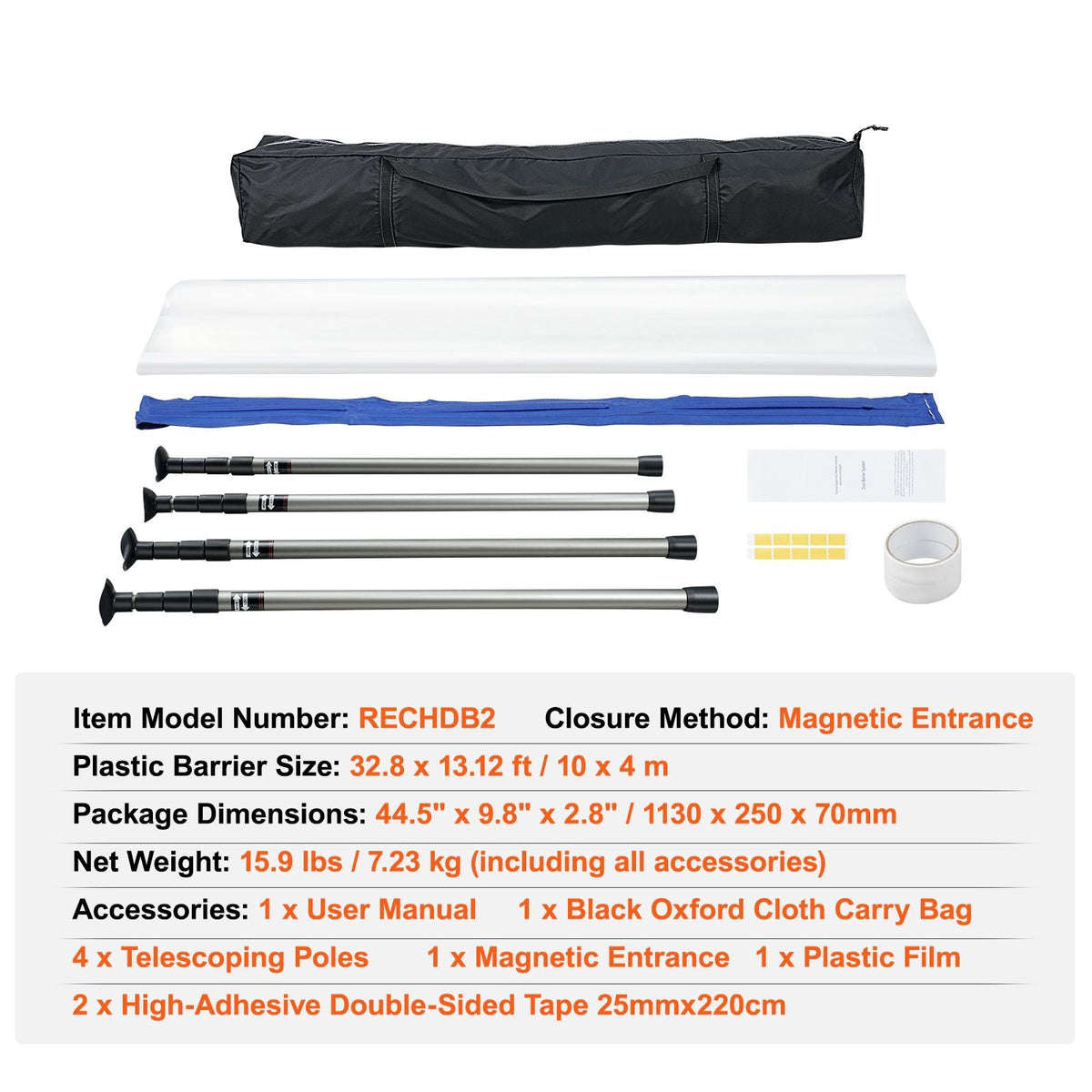 Dust Barrier Poles, 12 Ft Barrier Poles, Dust Barrier System with 4 Telescoping Poles, Carry Bag and 32.8x13.12 Ft Plastic Film, for Interior Decoration, Painting