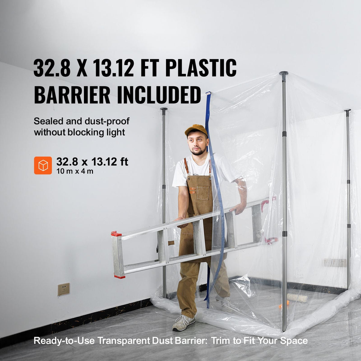 Dust Barrier Poles, 12 Ft Barrier Poles, Dust Barrier System with 4 Telescoping Poles, Carry Bag and 32.8x13.12 Ft Plastic Film, for Interior Decoration, Painting
