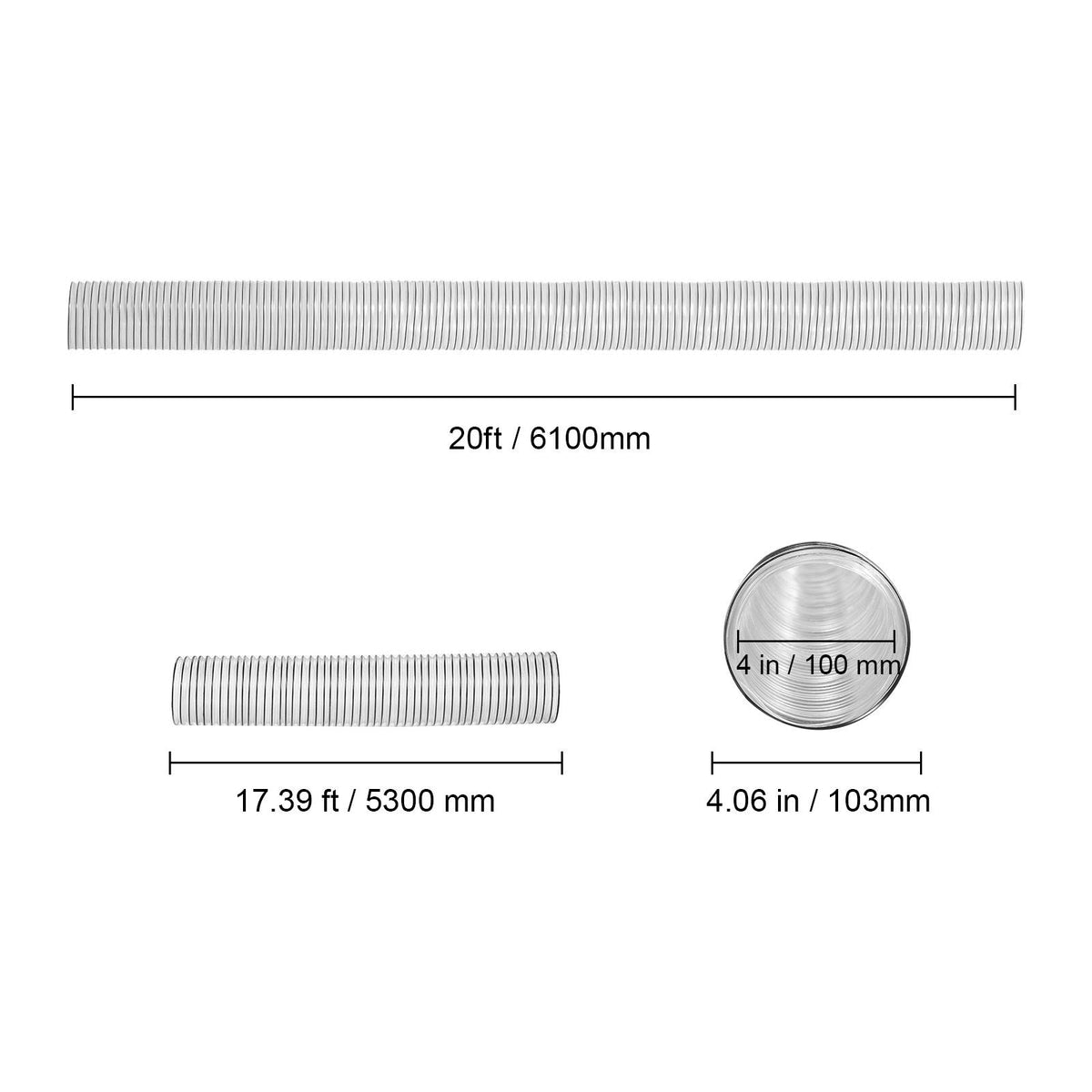 Dust Collection Hose, 4'' x 20', Thickened PVC Material Puncture-Resistant Flexible Clear Hose with Carbon Steel Wire Coil 4 x 304 Stainless Clamps, for Table Saw, Band Saw, Planer, Jointer