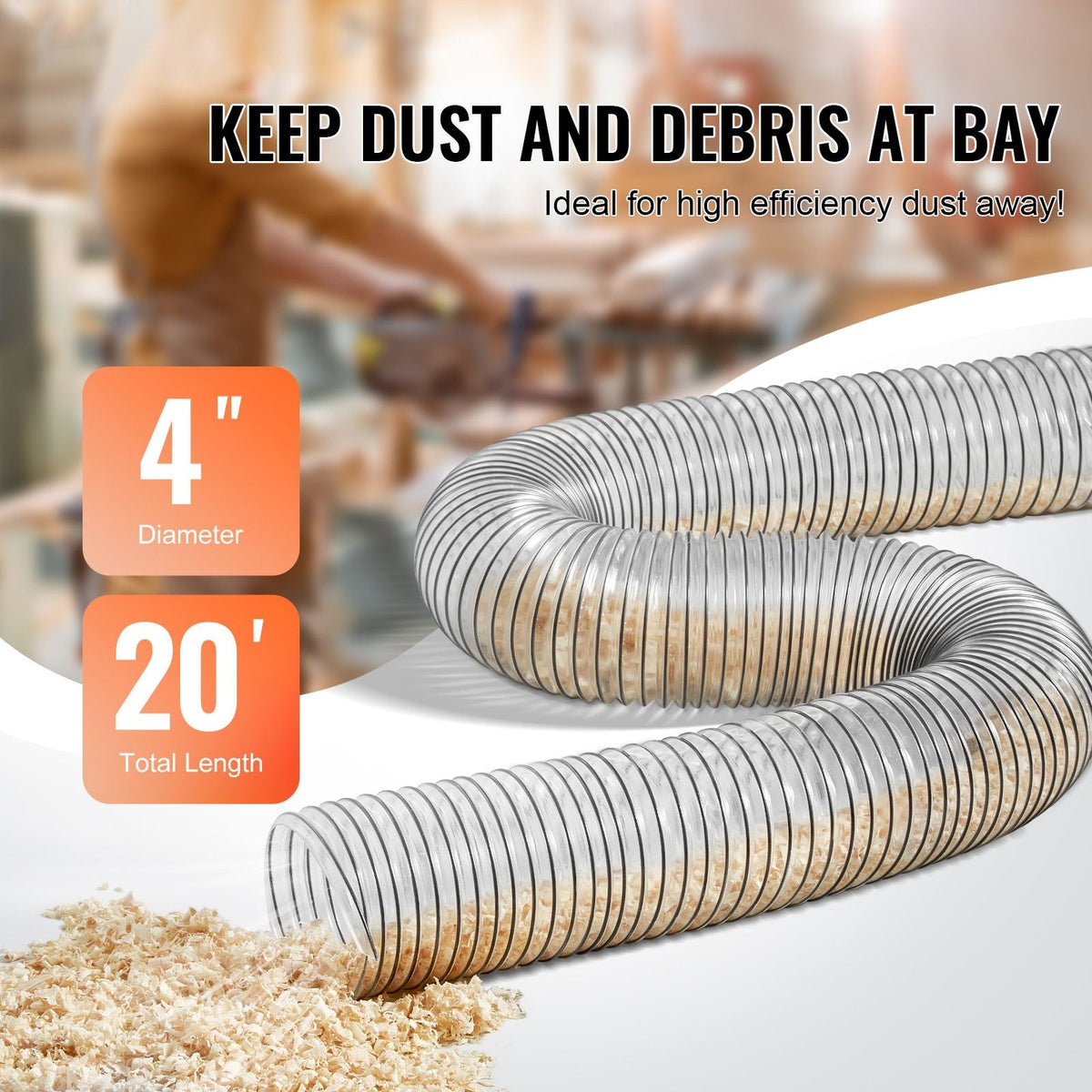 Dust Collection Hose, 4'' x 20', Thickened PVC Material Puncture-Resistant Flexible Clear Hose with Carbon Steel Wire Coil 4 x 304 Stainless Clamps, for Table Saw, Band Saw, Planer, Jointer