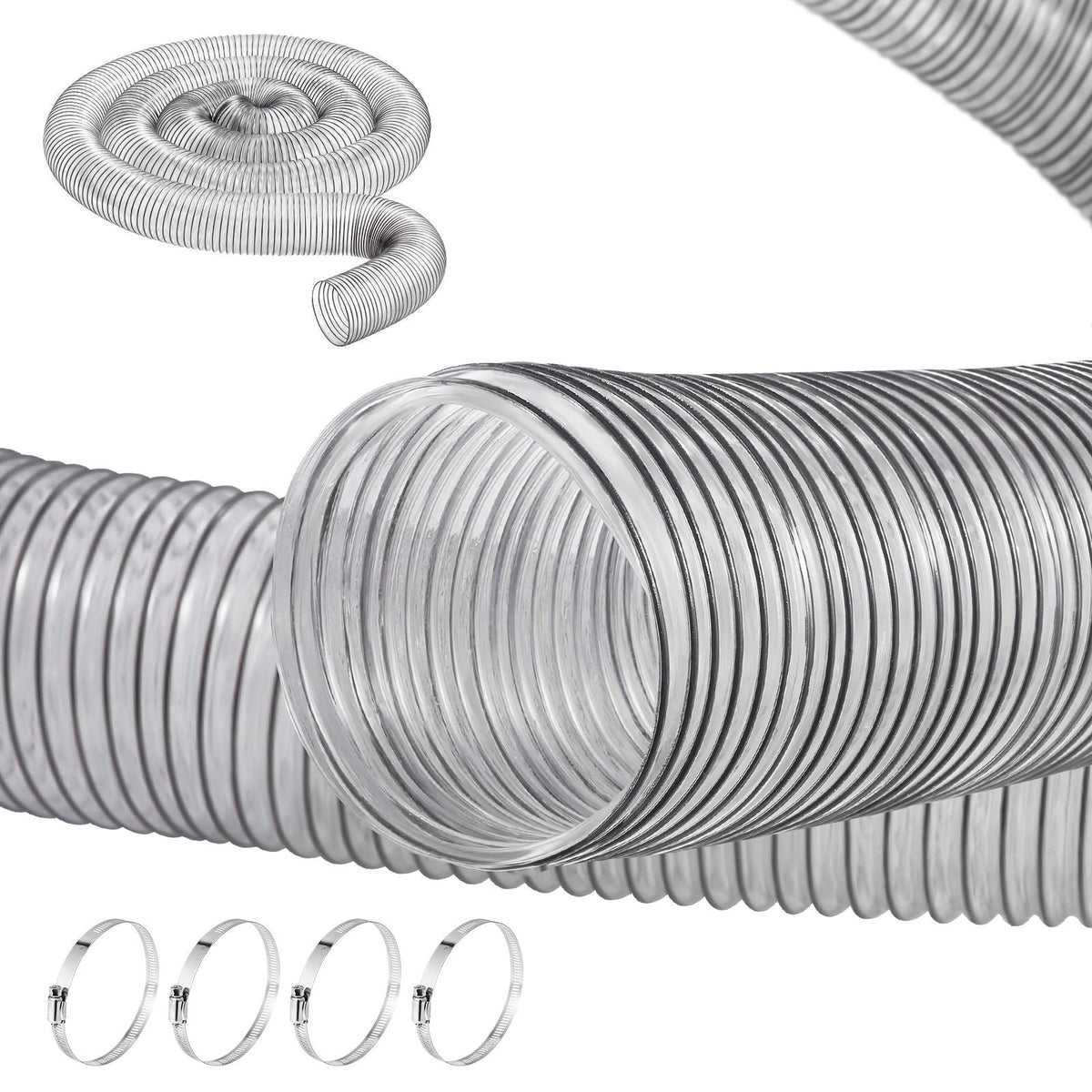 Dust Collection Hose, 4'' x 20', Thickened PVC Material Puncture-Resistant Flexible Clear Hose with Carbon Steel Wire Coil 4 x 304 Stainless Clamps, for Table Saw, Band Saw, Planer, Jointer