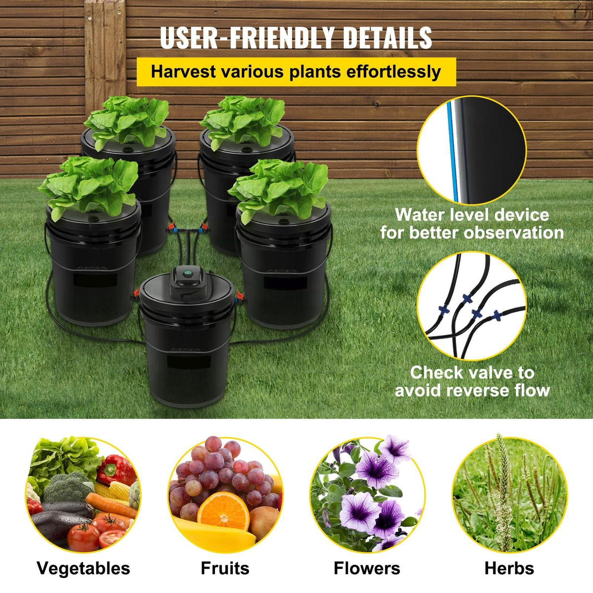 DWC Hydroponic System, 5 Gallon 5 Buckets, Deep Water Culture Growing Bucket, Hydroponics Grow Kit with Pump, Air Stone and Connected Reservoir, for Indoor/Outdoor Leafy Vegetables