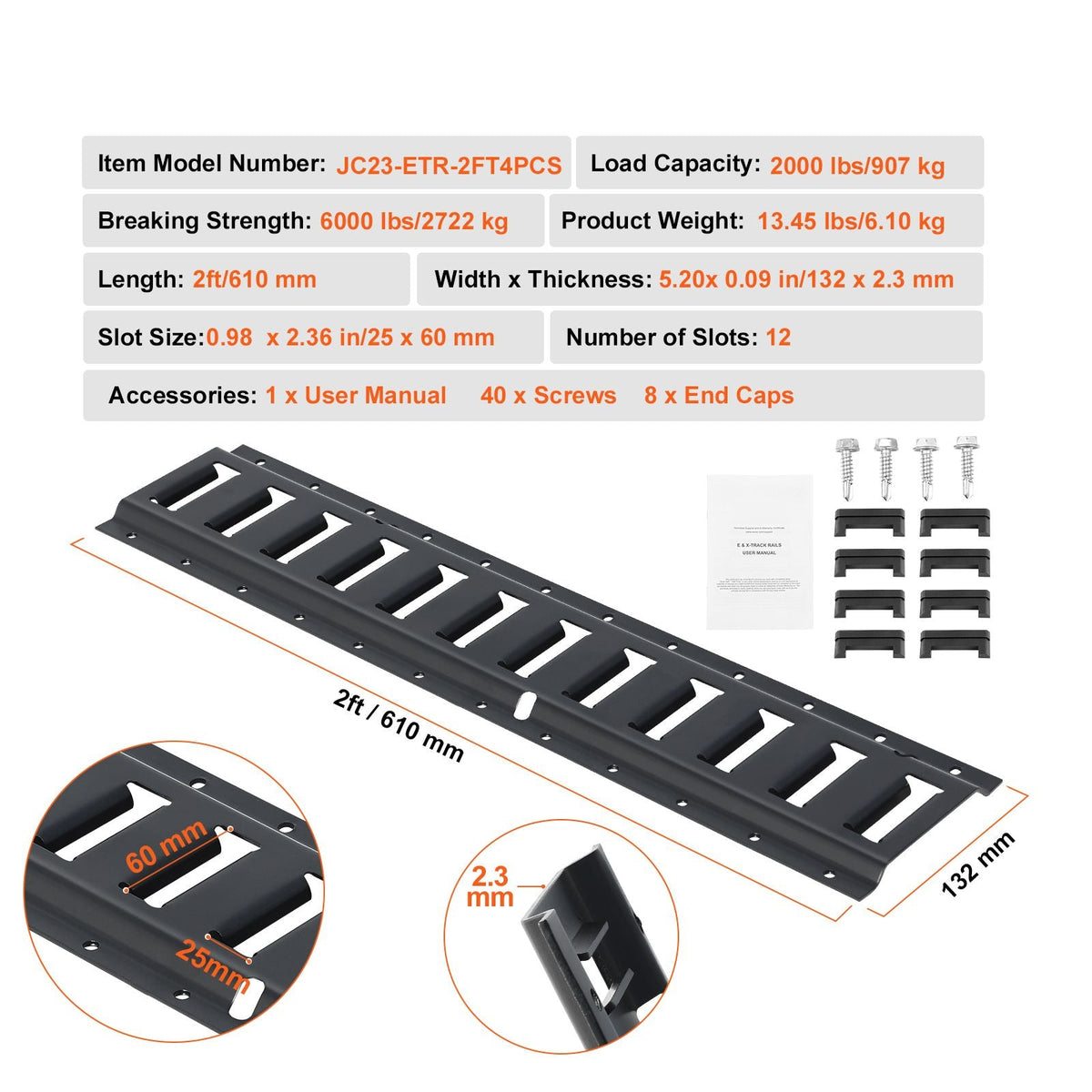 E Track Tie Down Rail Kit, 2' Steel Rails, 4 Pack, Secure Cargo & Heavy Loads Up to 2000 lbs, Heavy Duty Etrack Rails with Screws for Garages, Vans, Trailers, Motorcycle Tie Downs, ATV Mountings
