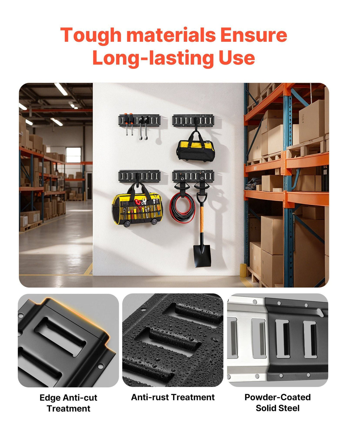 E-Track Tie-Down Rail Kit, 4 Pack 1.3 ft E Track Rails, 2 U-Shaped Hooks, 2 Tool Holders, 2 Track Shelf Brackets, 2 Tire Holders, 2 Cable Storage Rings, 8 End Caps & 1 Bag, Fit for Vans Trailers