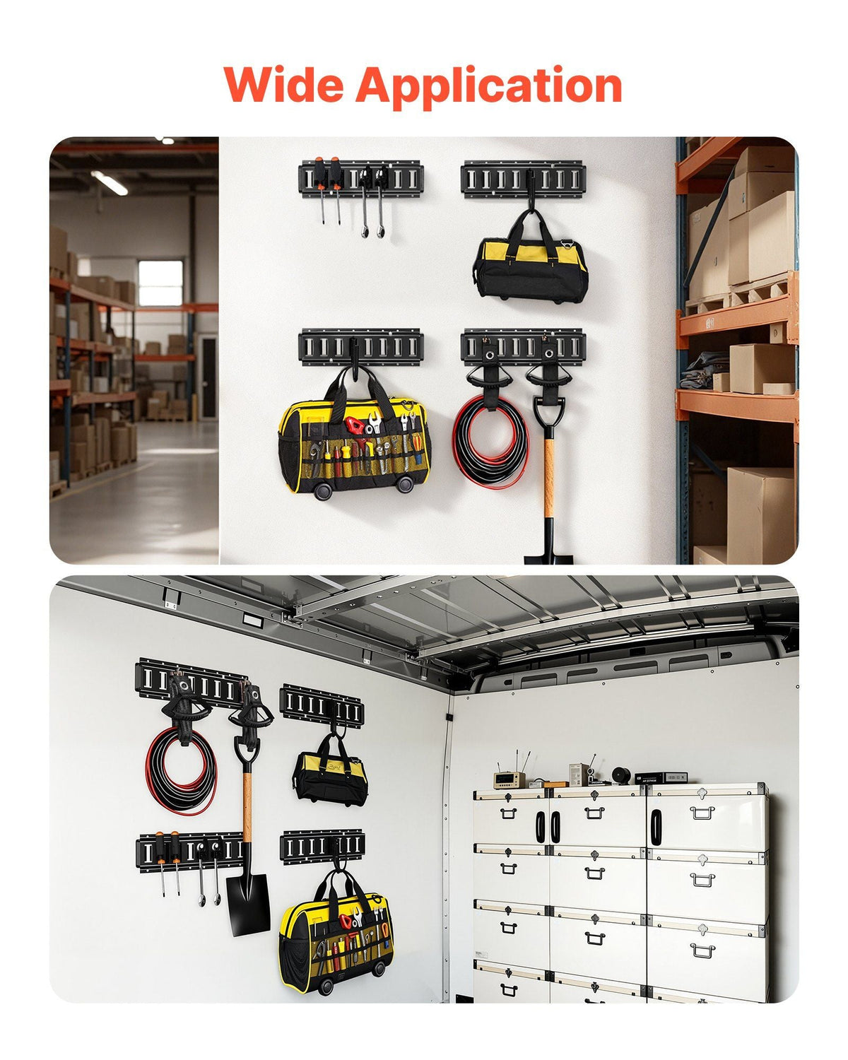 E-Track Tie-Down Rail Kit, 4 Pack 1.3 ft E Track Rails, 2 U-Shaped Hooks, 2 Tool Holders, 2 Track Shelf Brackets, 2 Tire Holders, 2 Cable Storage Rings, 8 End Caps & 1 Bag, Fit for Vans Trailers