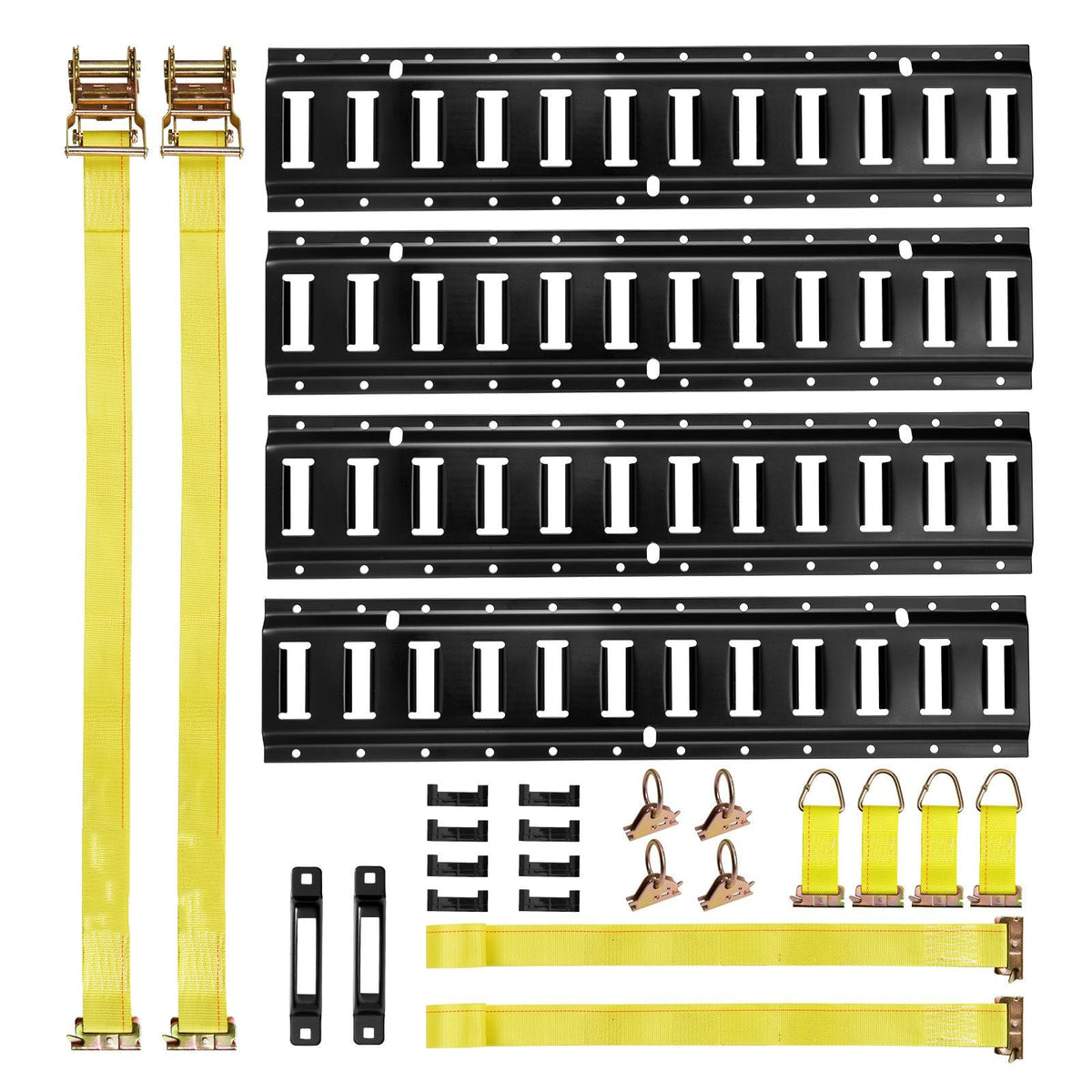 E-Track Tie-Down Rail Kit, 4 Pack 2 ft E Track Rails, 20 Pcs Includes 2 Ratchet Straps & 4 O-Rings & 4 Tie-Offs with D-Ring & 2 Single Slots & 8 End Caps, Fit for Garages Vans Trailers