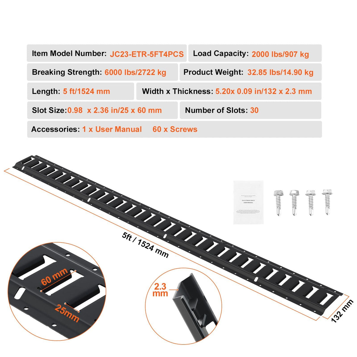 E Track Tie Down Rail Kit, 5' Steel Rails, 4 Pack, Secure Cargo & Heavy Loads Up to 2000 lbs, Heavy Duty Etrack Rails with Screws for Garages, Vans, Trailers, Motorcycle Tie Downs, ATV Mountings