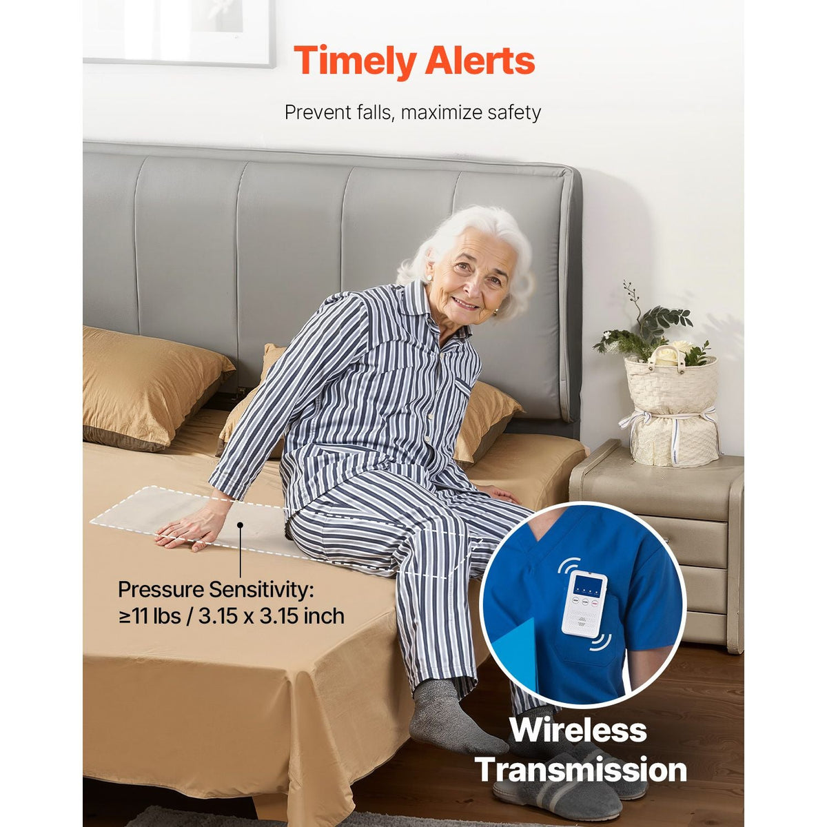 Early Alert Bed Alarm System, Wireless Bed Sensor Pad with Call Button & Pager, Pre-Alert Safety Bed Alarms and Fall Prevention for Elderly, Dementia Patients, and Adults (10 x 35-inch)