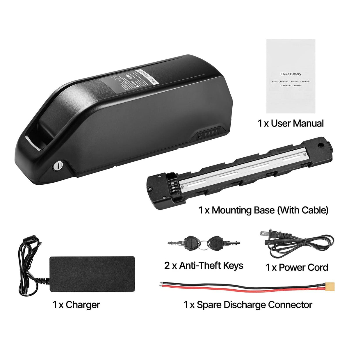 Ebike Battery, 52V 20Ah Electric Bike Lithium Battery Pack with BMS, 3A Charger and Lock for 1500W E-Bike Motor, Detachable Electric Bicycle Replacement Kit with Indicator & Discharge Socket