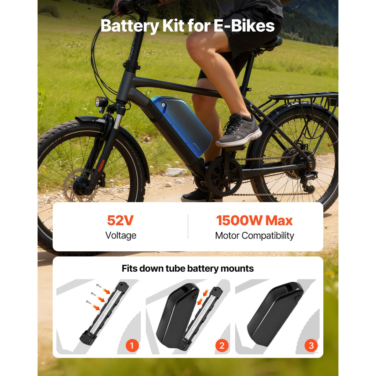 Ebike Battery, 52V 20Ah Electric Bike Lithium Battery Pack with BMS, 3A Charger and Lock for 1500W E-Bike Motor, Detachable Electric Bicycle Replacement Kit with Indicator & Discharge Socket