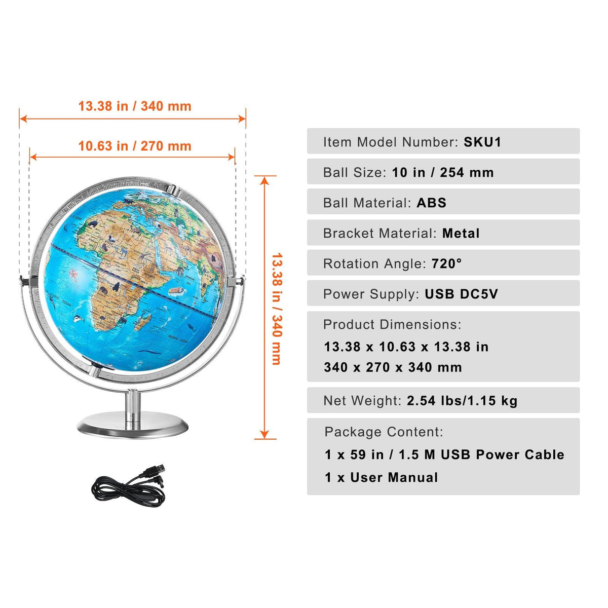 Educational Globe for Kids, 10 in/254 mm, Interactive AR World Globe with AR Golden Globe APP LED Night Lighting 720° Rotation, STEM Toy Gifts for Kids Compatible with Android or iOS Devices
