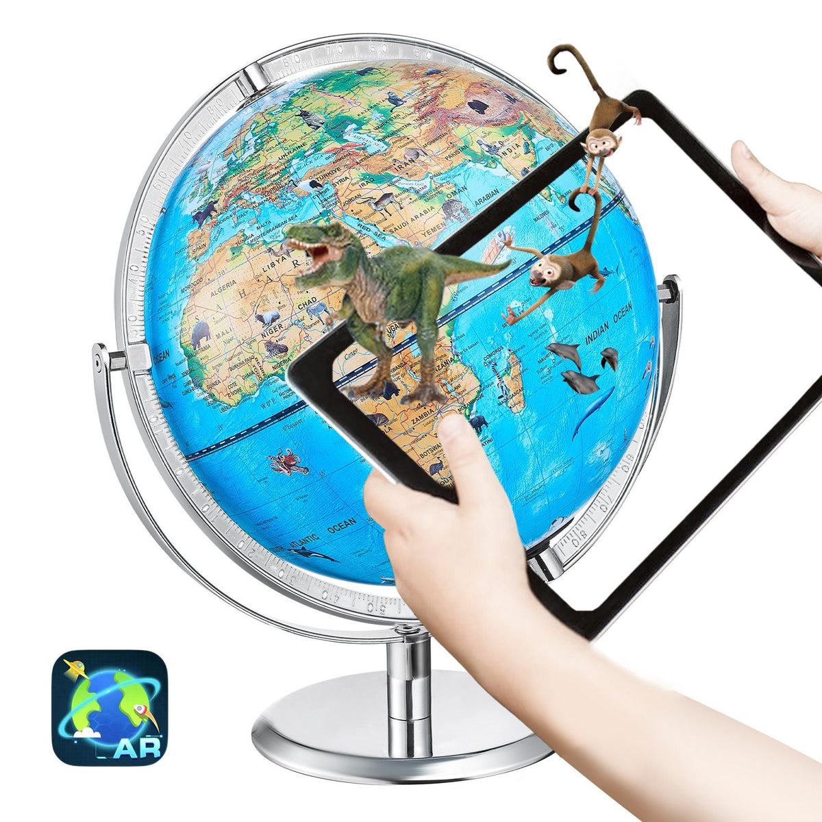 Educational Globe for Kids, 10 in/254 mm, Interactive AR World Globe with AR Golden Globe APP LED Night Lighting 720° Rotation, STEM Toy Gifts for Kids Compatible with Android or iOS Devices