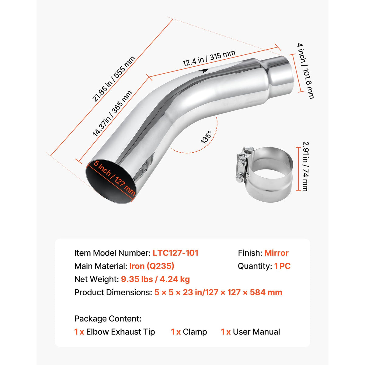 Elbow Exhaust Tip, 4 Inch Inlet, 5 Inch Outlet, 23 in Overall Length, Chrome Turn Down Exhaust Tip with Clamp for Truck, Sedan, Sports Car, SUV, Chrome Structure for High Temperature Resistance
