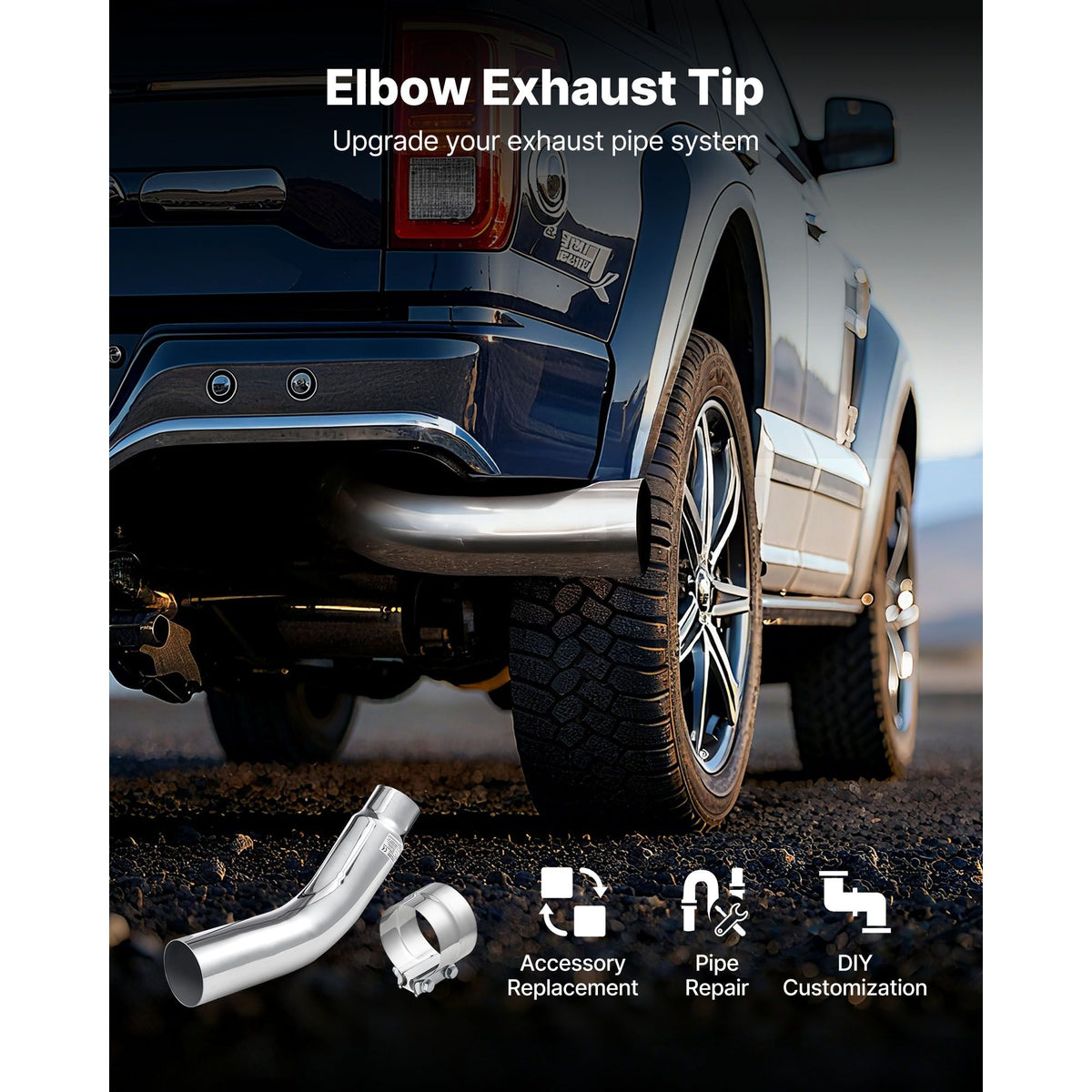 Elbow Exhaust Tip, 4 Inch Inlet, 5 Inch Outlet, 23 in Overall Length, Chrome Turn Down Exhaust Tip with Clamp for Truck, Sedan, Sports Car, SUV, Chrome Structure for High Temperature Resistance
