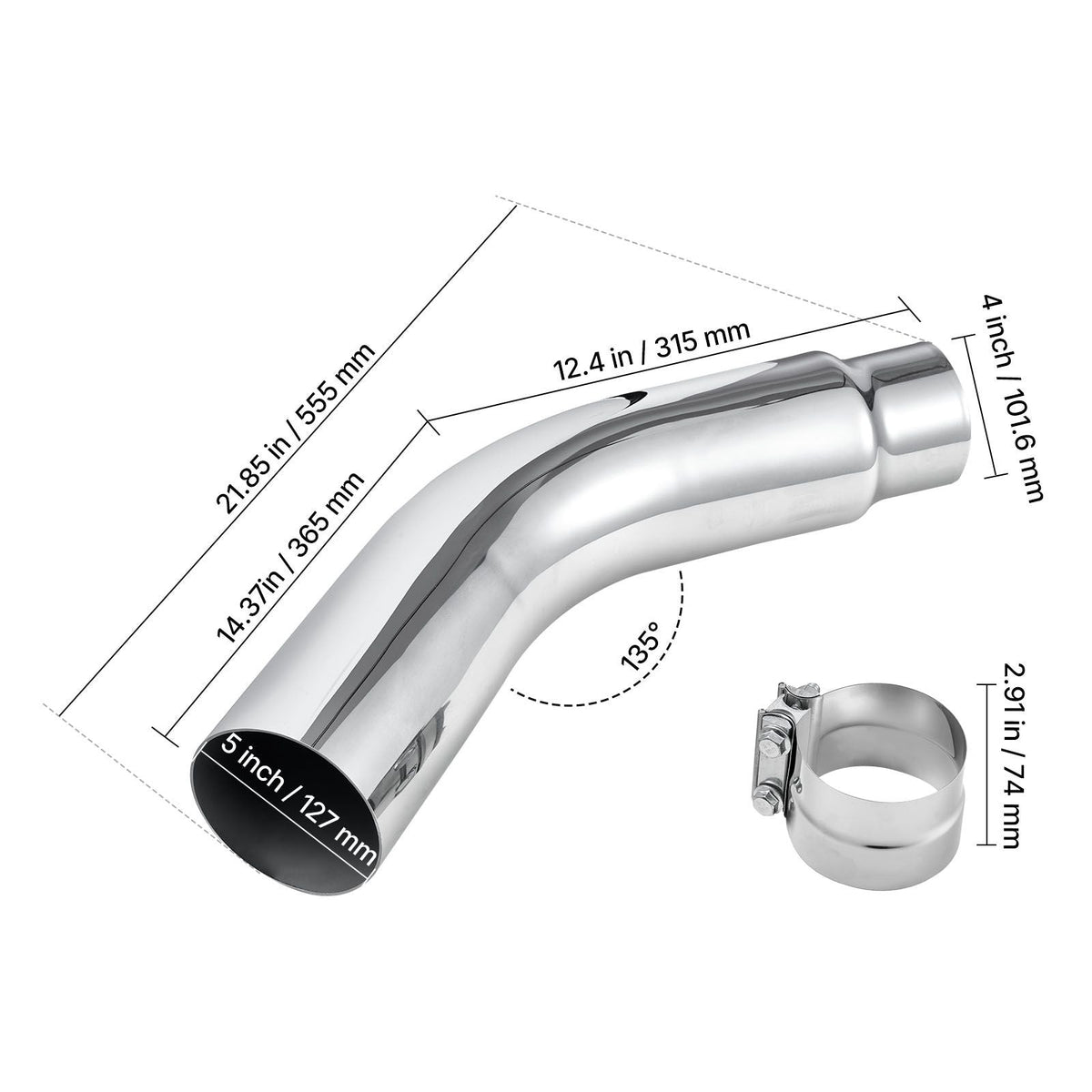 Elbow Exhaust Tip, 4 Inch Inlet, 5 Inch Outlet, 23 in Overall Length, Chrome Turn Down Exhaust Tip with Clamp for Truck, Sedan, Sports Car, SUV, Chrome Structure for High Temperature Resistance