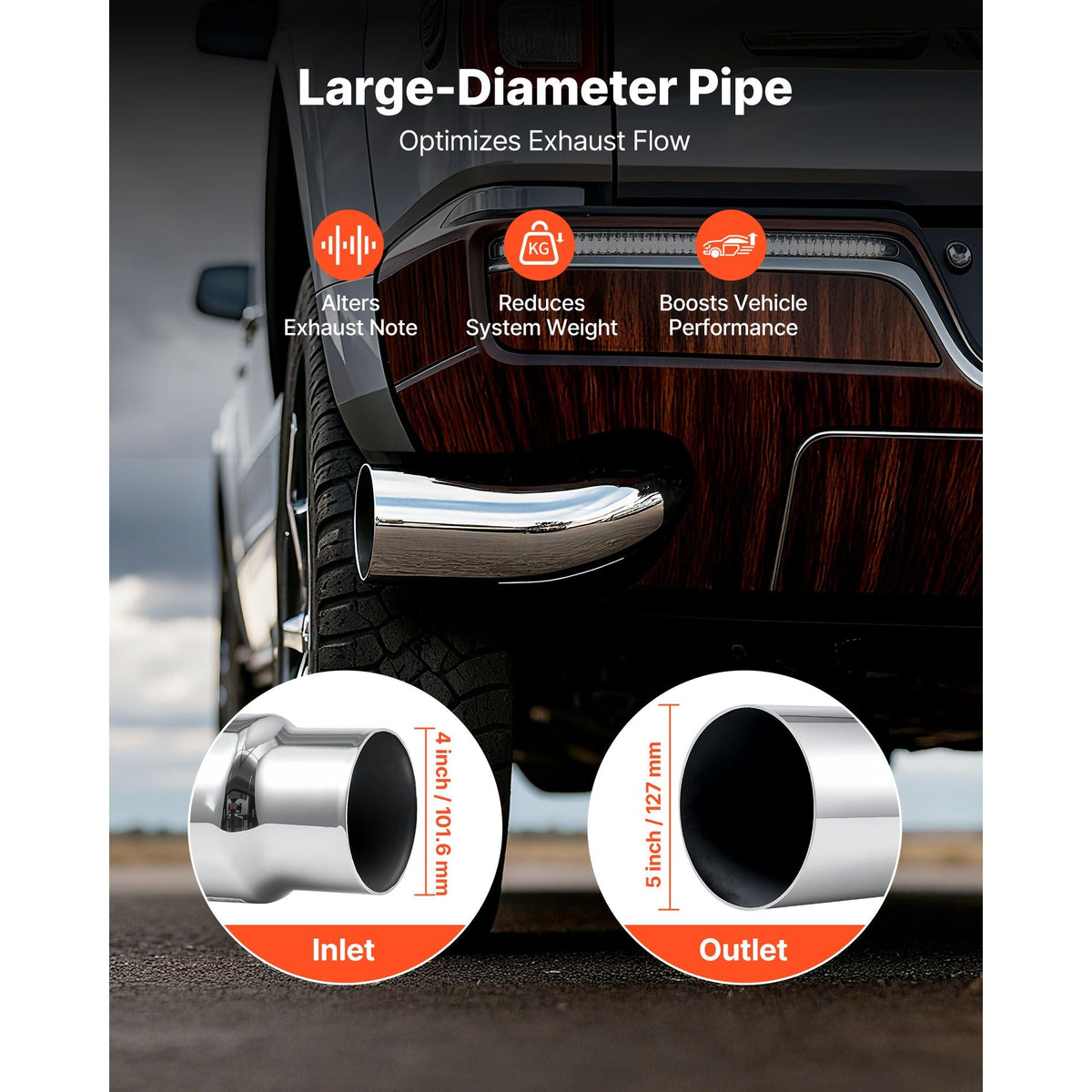 Elbow Exhaust Tip, 4 Inch Inlet, 5 Inch Outlet, 23 in Overall Length, Chrome Turn Down Exhaust Tip with Clamp for Truck, Sedan, Sports Car, SUV, Chrome Structure for High Temperature Resistance