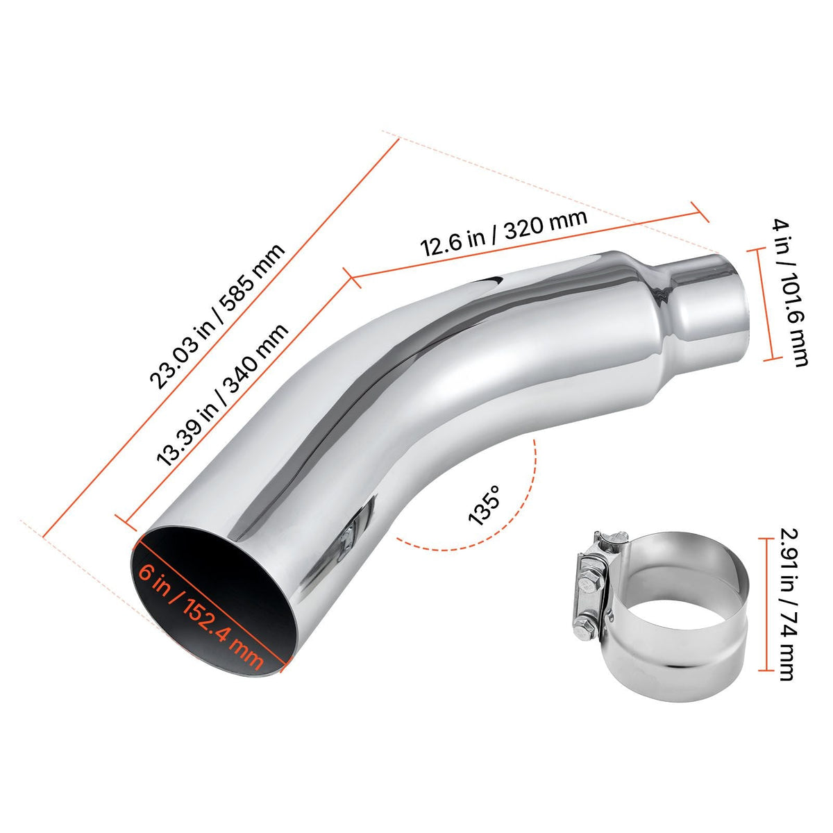 Elbow Exhaust Tip, 4 Inch Inlet, 6 Inch Outlet, 23 in Overall Length, Chrome Turn Down Exhaust Tip with Clamp for Truck, Sedan, Sports Car, SUV, Chrome Structure for High Temperature Resistance
