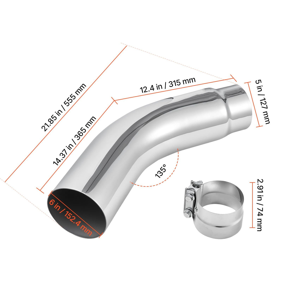 Elbow Exhaust Tip, 5 Inch Inlet, 6 Inch Outlet, 23 in Overall Length, Chrome Turn Down Exhaust Tip with Clamp for Truck, Sedan, Sports Car, SUV, Chrome Structure for High Temperature Resistance