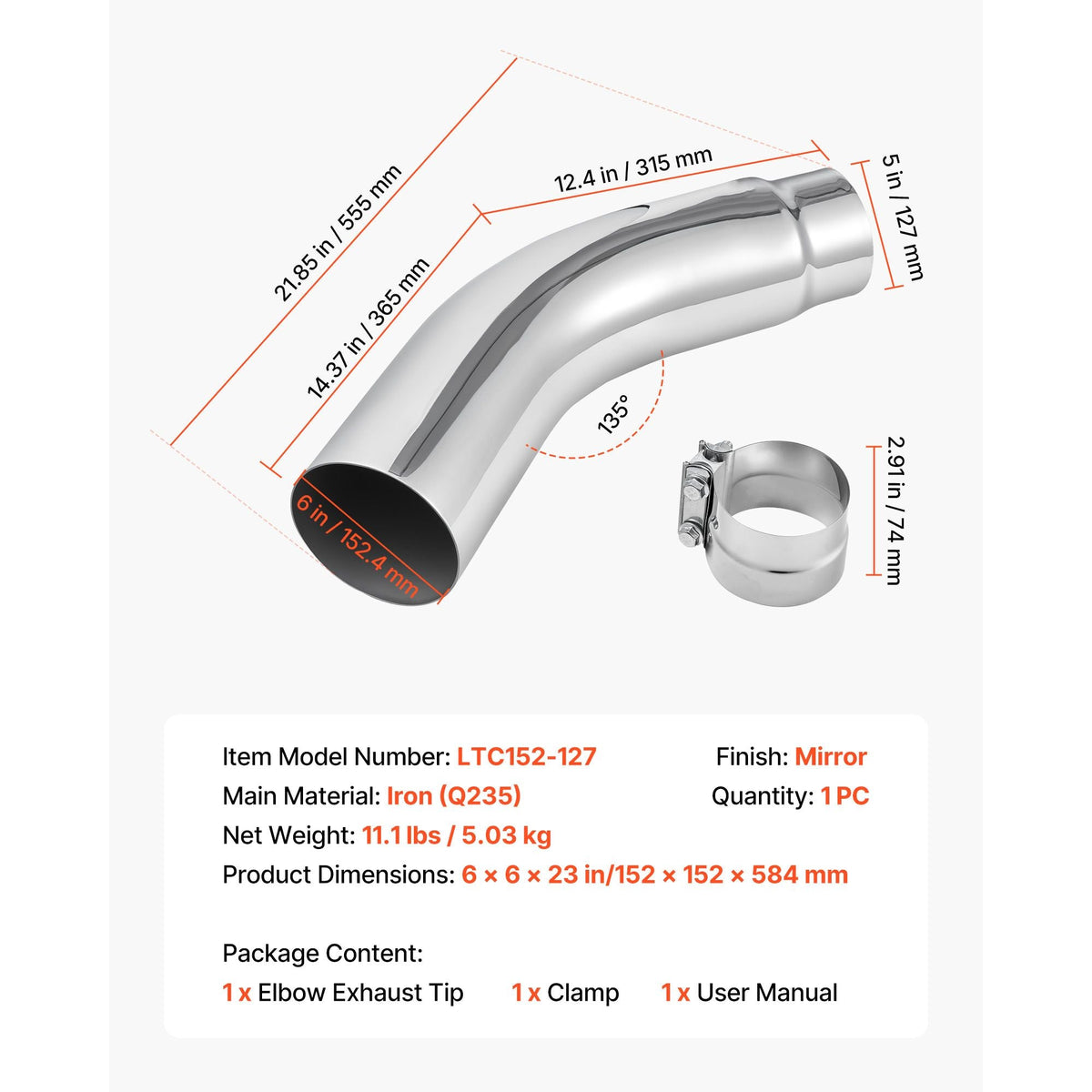 Elbow Exhaust Tip, 5 Inch Inlet, 6 Inch Outlet, 23 in Overall Length, Chrome Turn Down Exhaust Tip with Clamp for Truck, Sedan, Sports Car, SUV, Chrome Structure for High Temperature Resistance