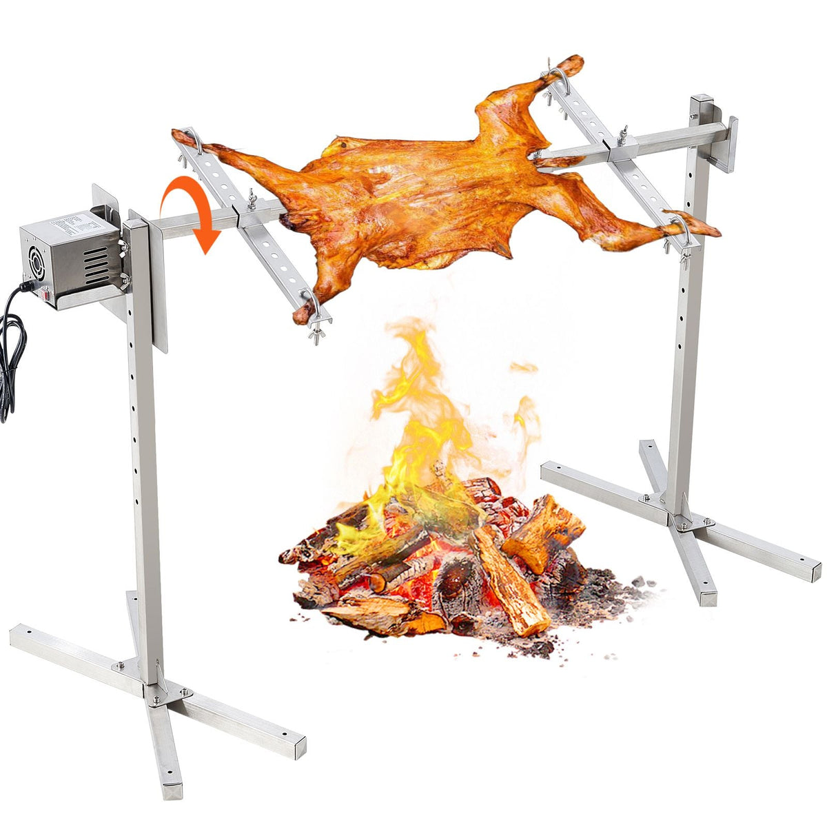 Electric BBQ Rotisserie Grill Kit, 46 Inch 132 lbs Capacity, Automatic 52W Motor Height Adjustable Universal Roaster Stand, Stainless Steel Grilling Kit, Spit Rod with Heat Shield for Pig Lamb