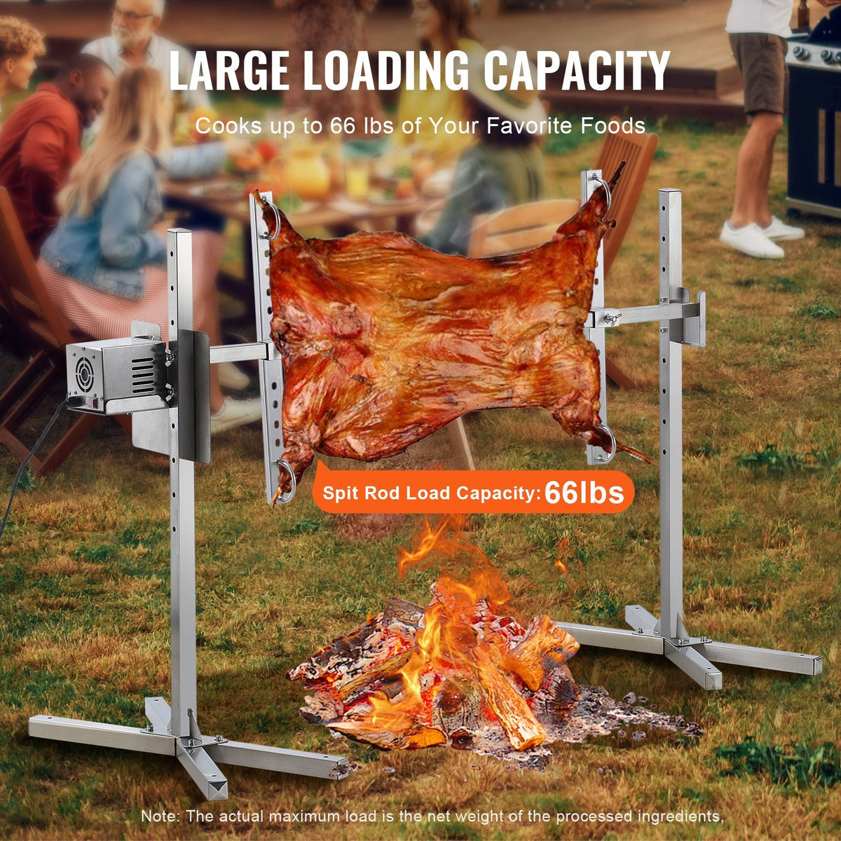 Electric BBQ Rotisserie Grill Kit, 46 Inch 132 lbs Capacity, Automatic 52W Motor Height Adjustable Universal Roaster Stand, Stainless Steel Grilling Kit, Spit Rod with Heat Shield for Pig Lamb