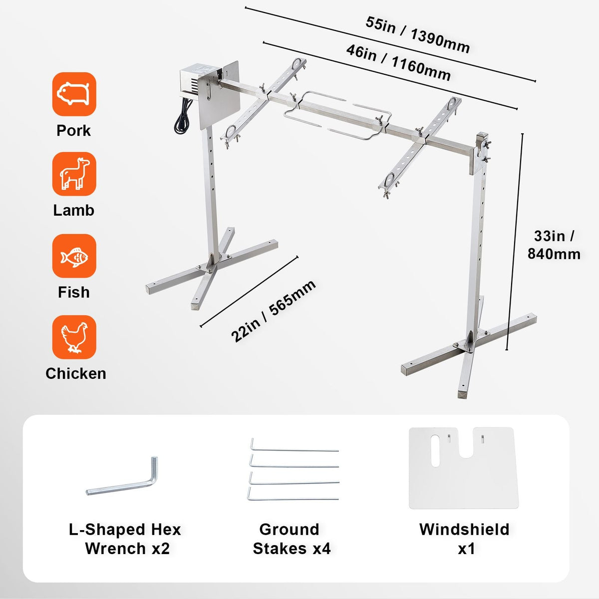 Electric BBQ Rotisserie Grill Kit, 46 Inch 132 lbs Capacity, Automatic 52W Motor Height Adjustable Universal Roaster Stand, Stainless Steel Grilling Kit, Spit Rod with Heat Shield for Pig Lamb