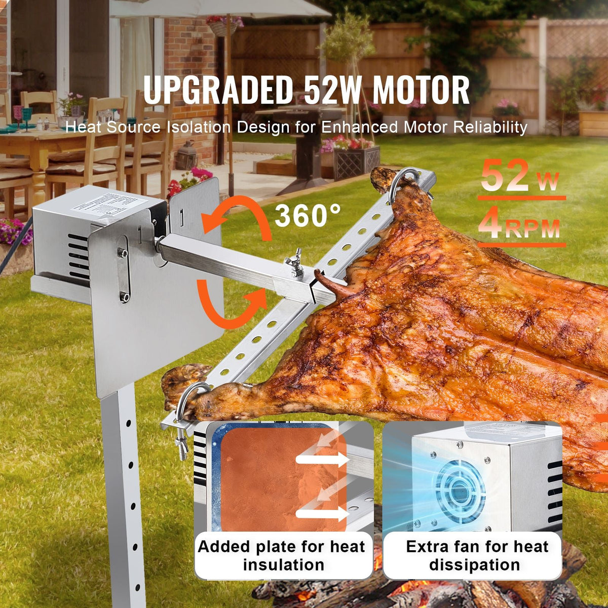 Electric BBQ Rotisserie Grill Kit, 46 Inch 132 lbs Capacity, Automatic 52W Motor Height Adjustable Universal Roaster Stand, Stainless Steel Grilling Kit, Spit Rod with Heat Shield for Pig Lamb