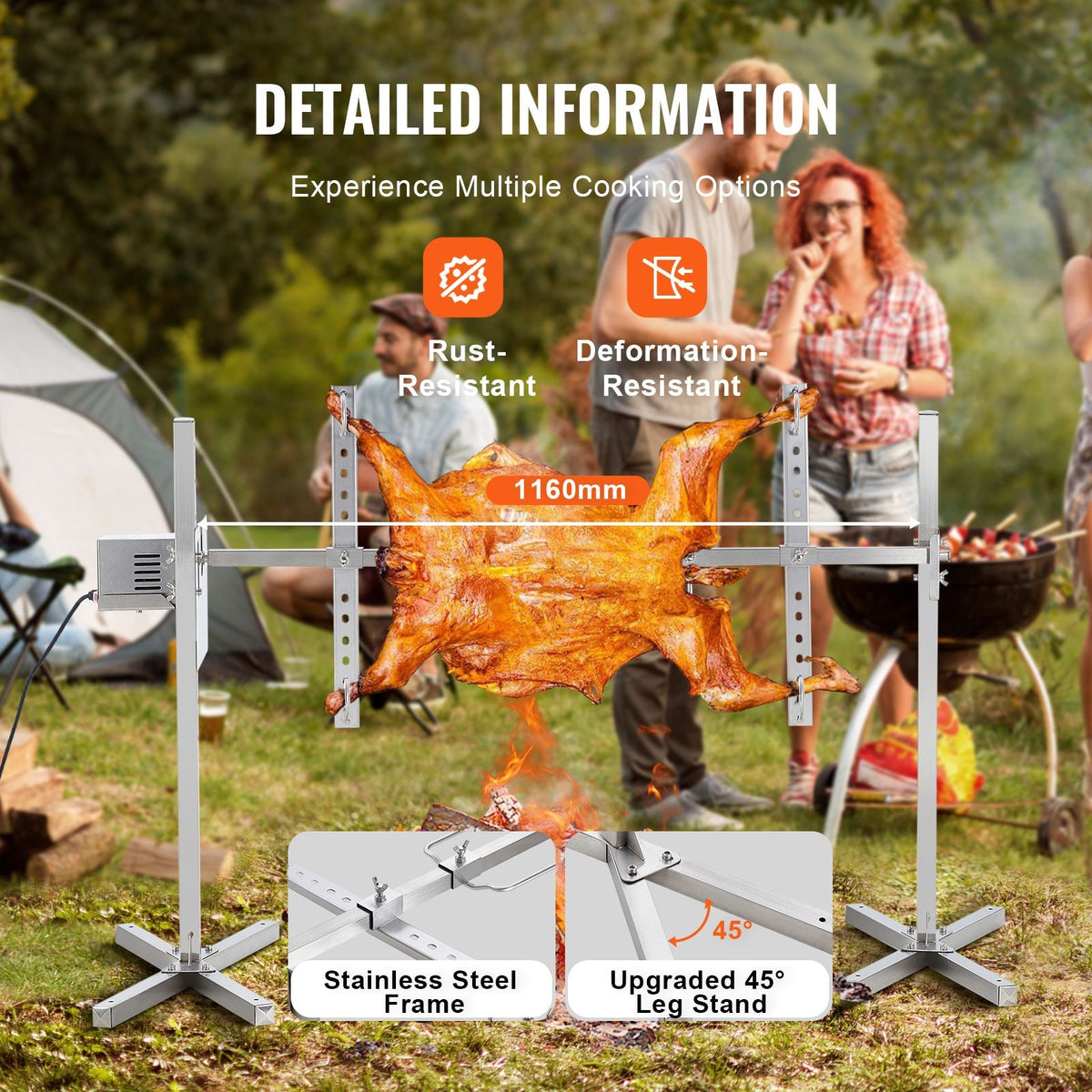 Electric BBQ Rotisserie Grill Kit, 46 Inch 90 lbs Capacity, Automatic 42W Motor Height Adjustable Universal Roaster Stand, Stainless Steel Grilling Kit, Spit Rod with Heat Shield for Pig Lamb