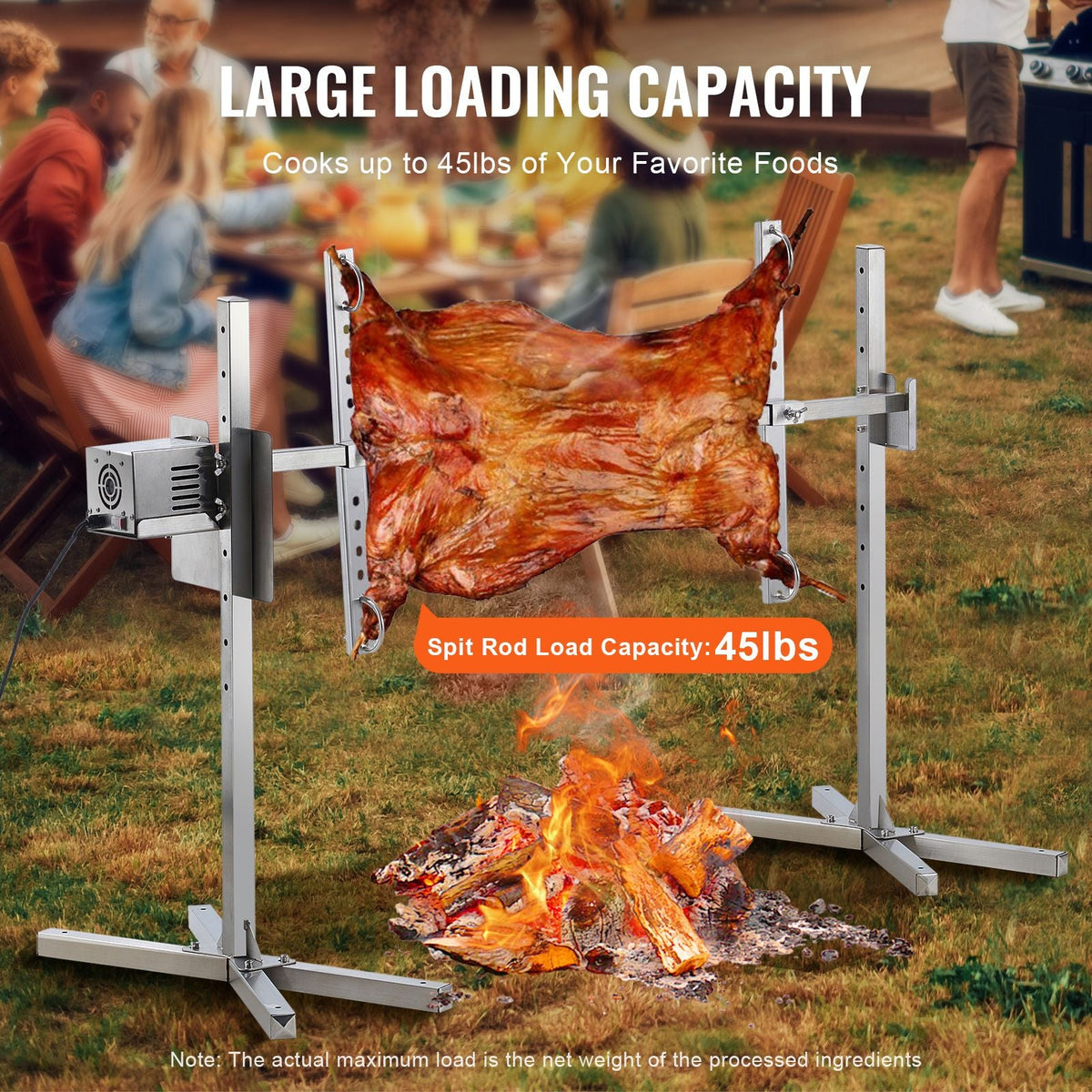 Electric BBQ Rotisserie Grill Kit, 46 Inch 90 lbs Capacity, Automatic 42W Motor Height Adjustable Universal Roaster Stand, Stainless Steel Grilling Kit, Spit Rod with Heat Shield for Pig Lamb