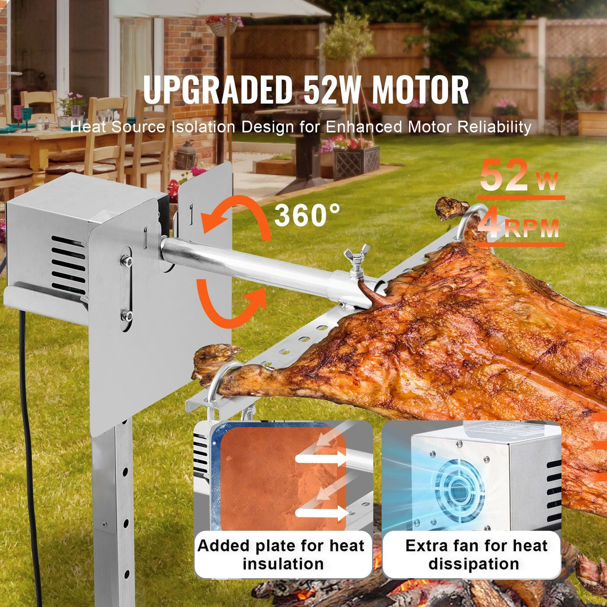 Electric BBQ Rotisserie Grill Kit, 56 Inch 132 lbs Capacity, Automatic 52W Motor Height Adjustable Universal Roaster Stand, Stainless Steel Grilling Kit, Spit Rod with Heat Shield for Pig Lamb